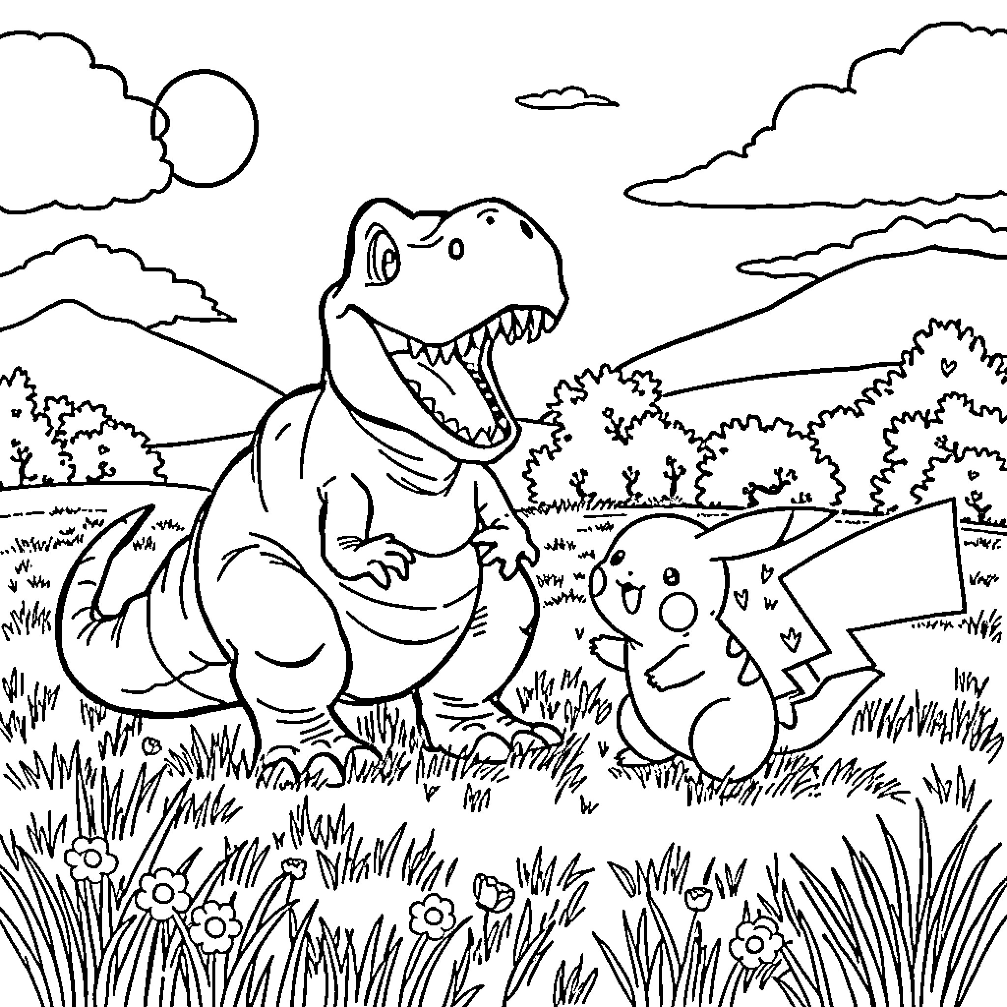 T-Rex smiling joyfully alongside a small creature Coloring Page (free black-and-white line drawing printable PDF for all, from beginners to advanced learners, including children, teens, adults, and seniors)