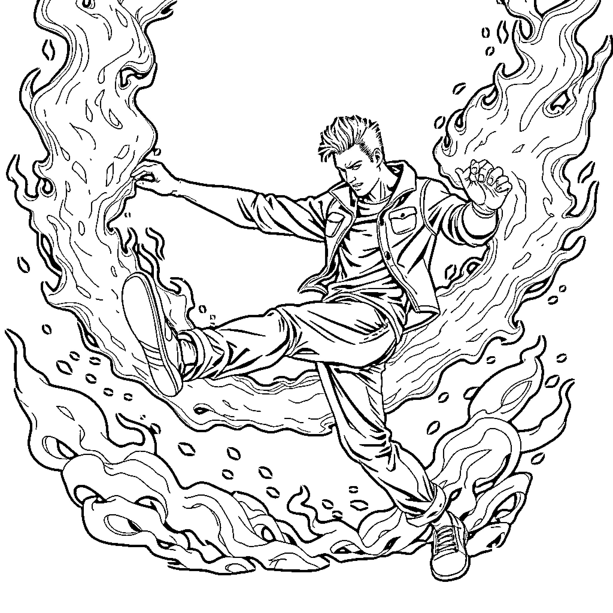 Guy unleashing powerful energy attack with fiery explosions Coloring Page (free black-and-white line drawing printable PDF for all, from beginners to advanced learners, including children, teens, adults, and seniors)