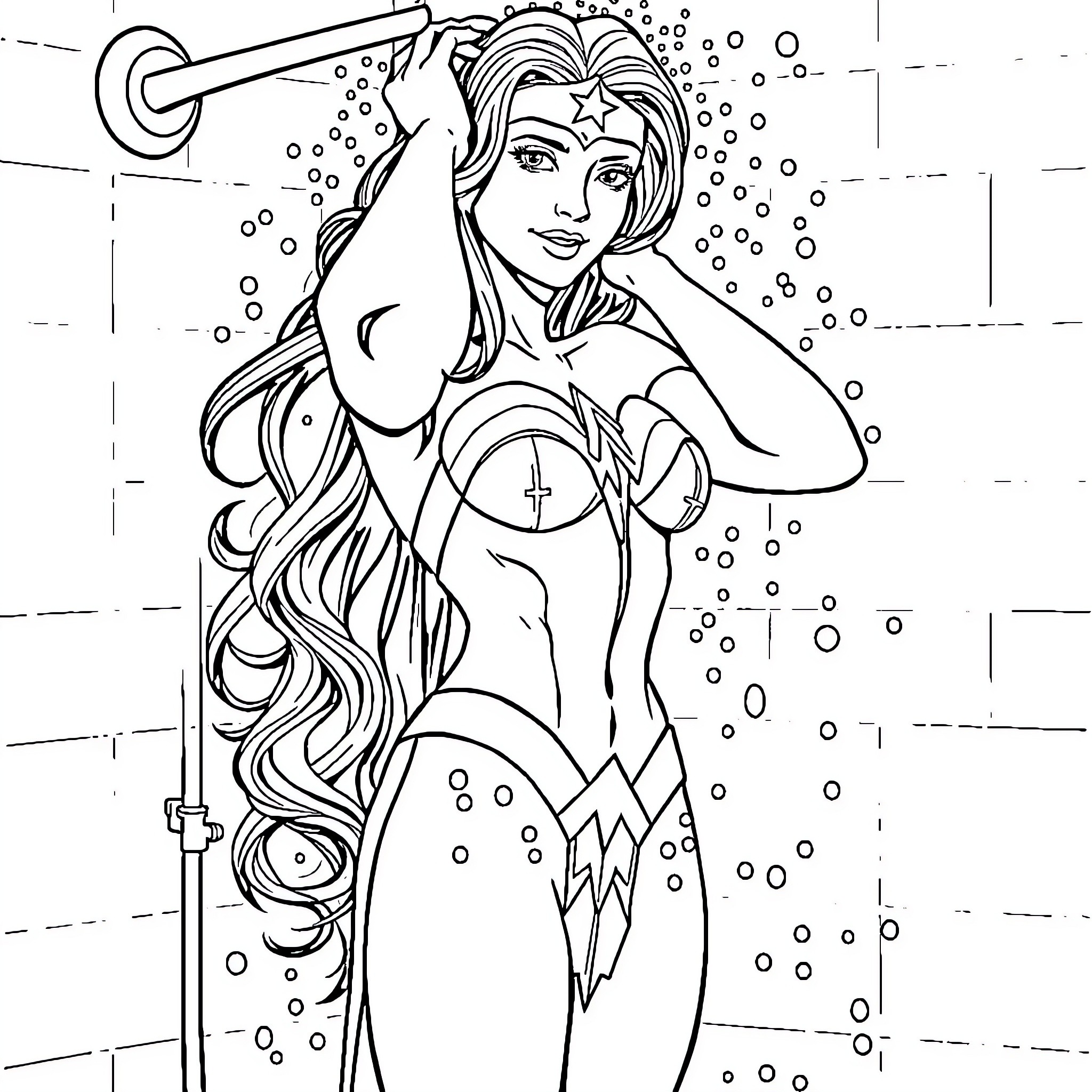 Wonder Woman in Action Pose with Lasso Coloring Page (free black-and-white line drawing printable PDF for all, from beginners to advanced learners, including children, teens, adults, and seniors)
