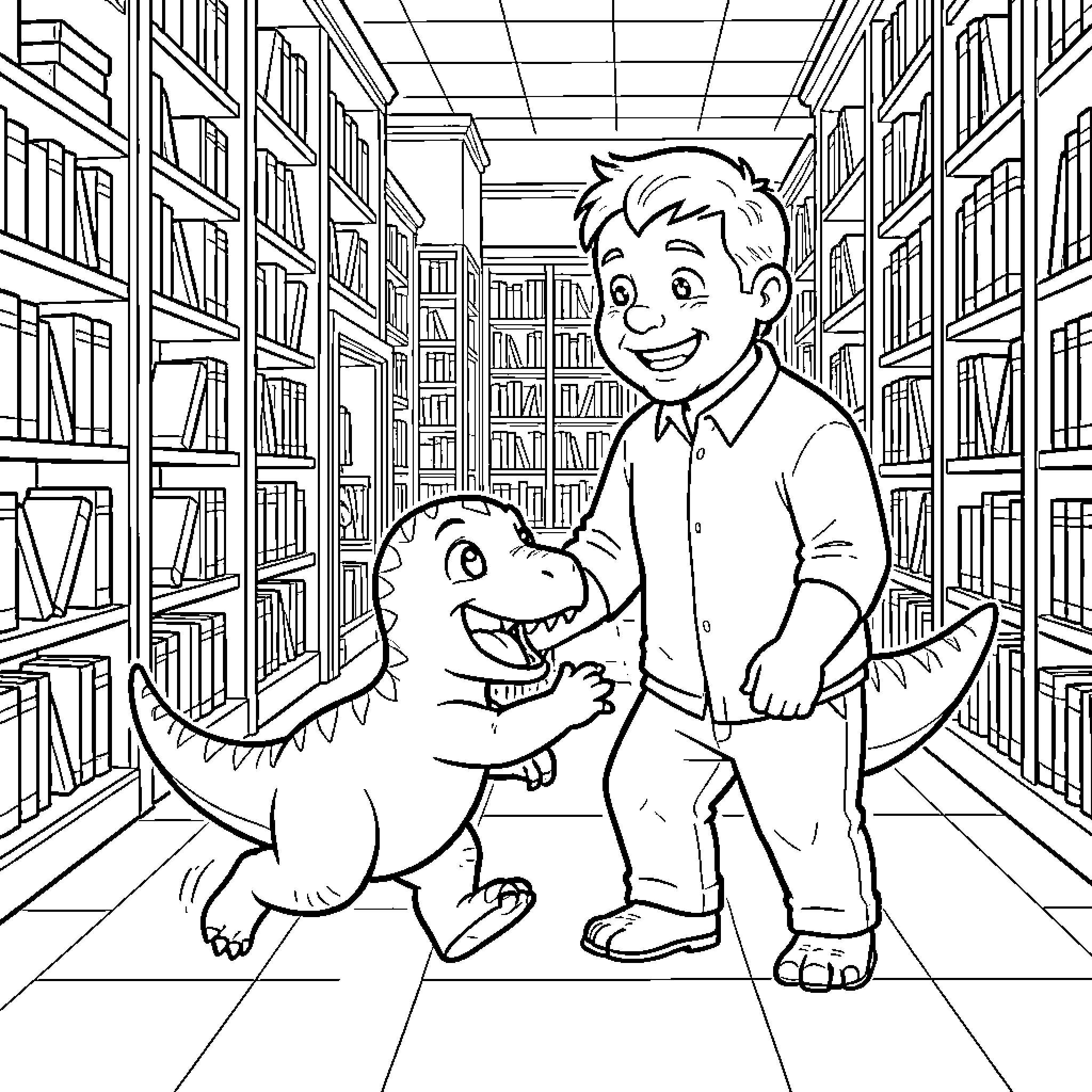 Dino and Boy Explore the Library Coloring Page (free black-and-white line drawing printable PDF for all, from beginners to advanced learners, including children, teens, adults, and seniors)