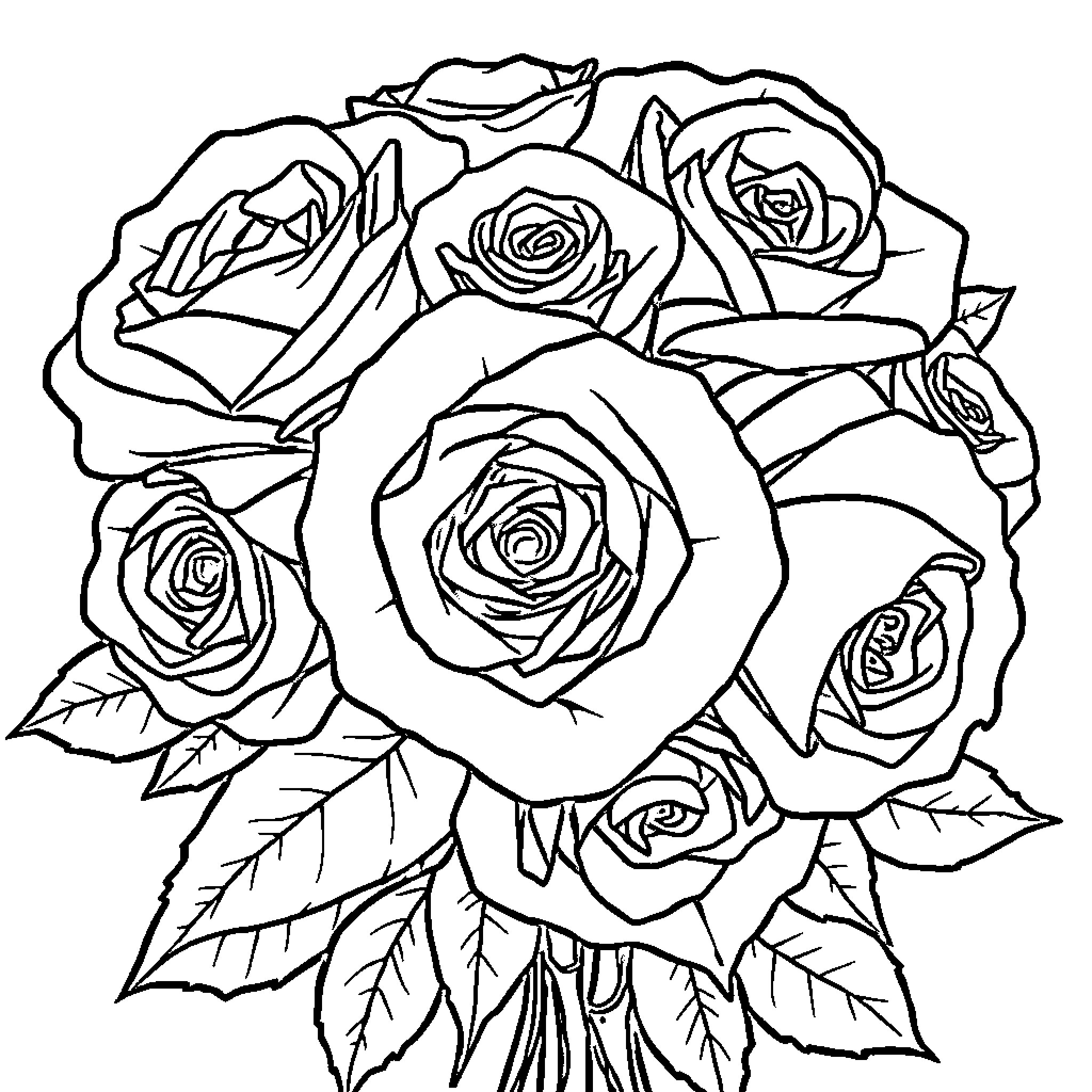 Rose Bouquet of Elegant Flowers Coloring Page (free black-and-white line drawing printable PDF for all, from beginners to advanced learners, including children, teens, adults, and seniors)