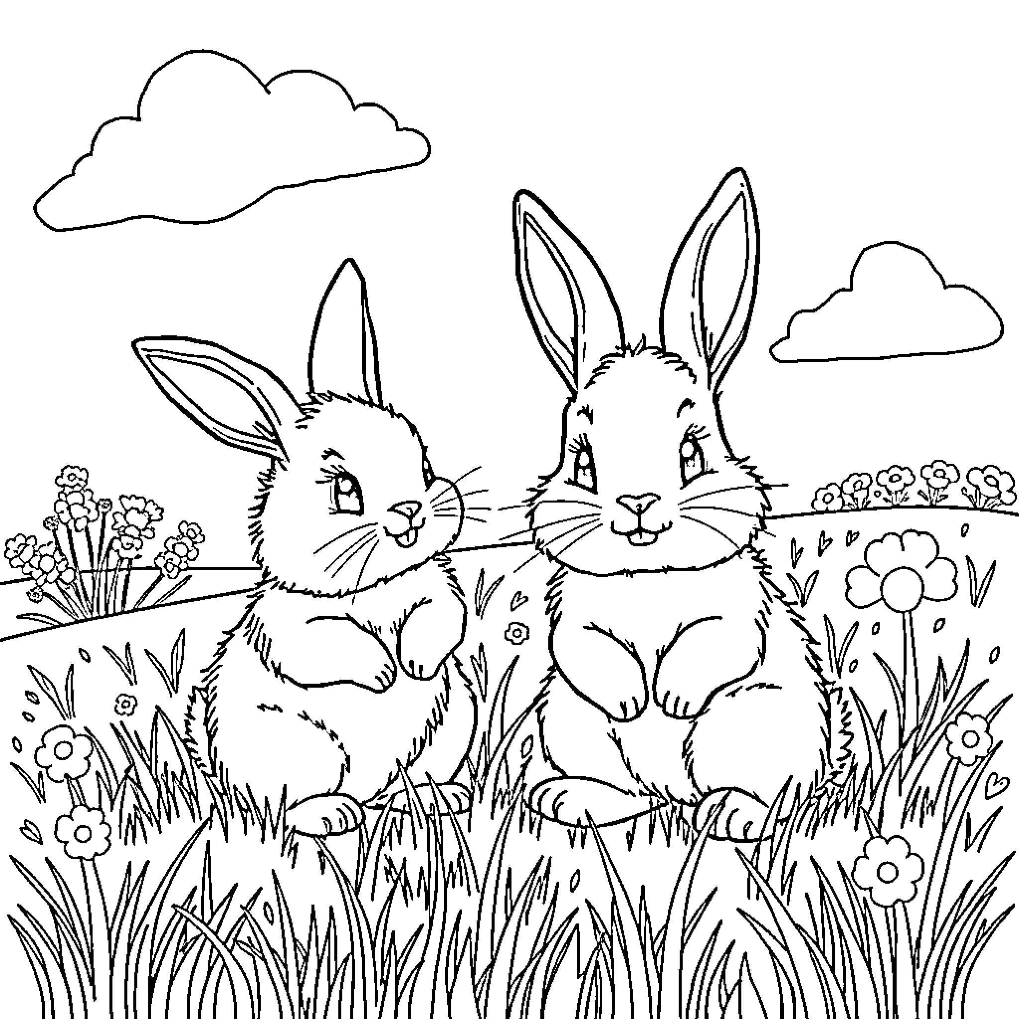 Bunny friends enjoying nature in the meadow Coloring Page (free black-and-white line drawing printable PDF for all, from beginners to advanced learners, including children, teens, adults, and seniors)