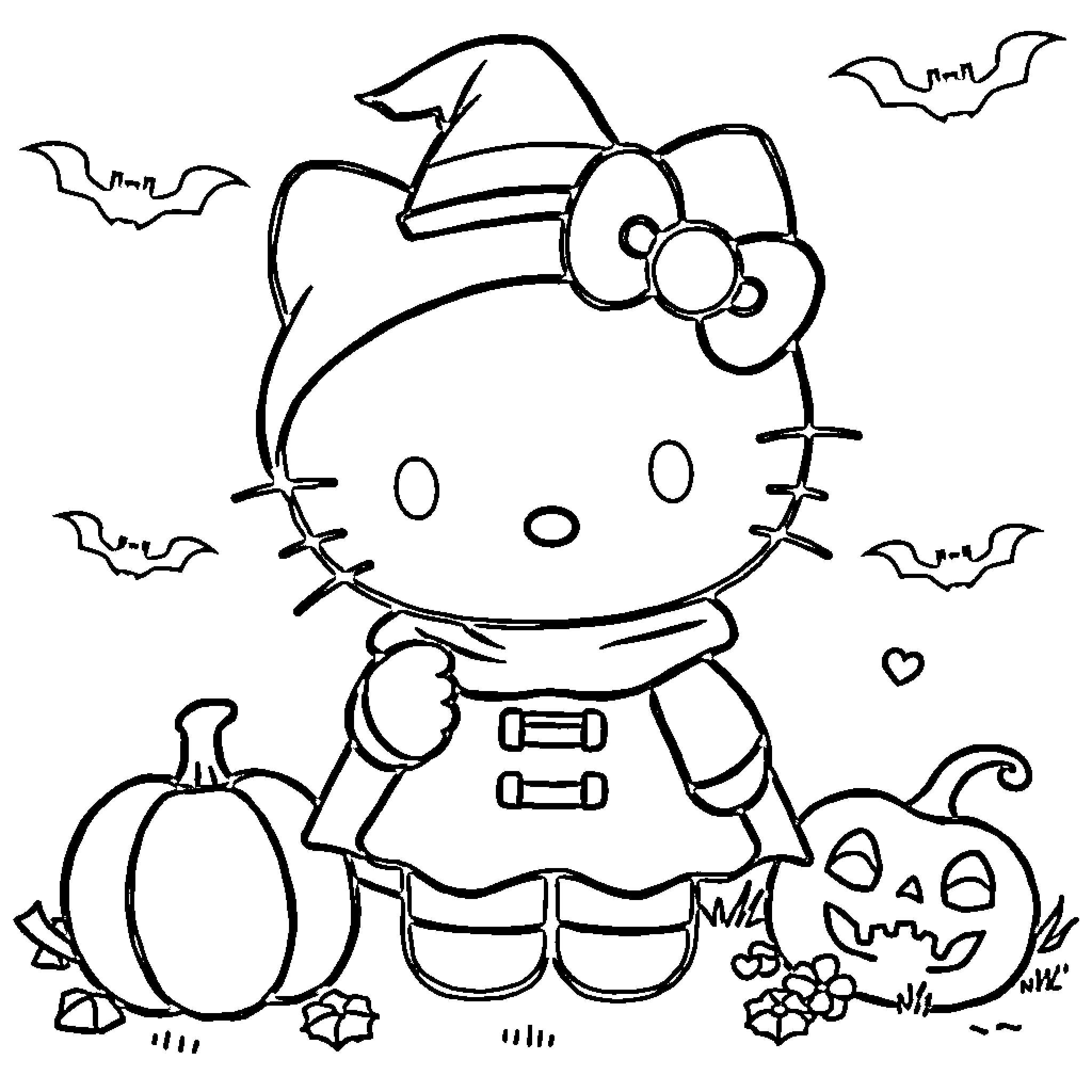 Hello Kitty on a Halloween adventure Coloring Page (free black-and-white line drawing printable PDF for all, from beginners to advanced learners, including children, teens, adults, and seniors)