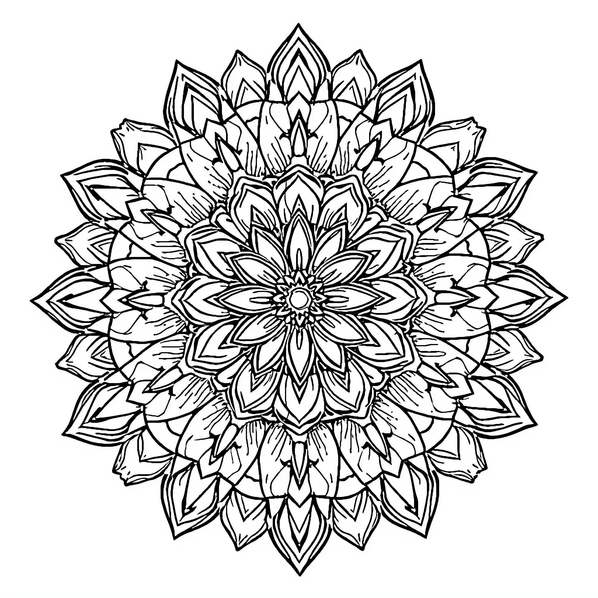 Mandala of intricate floral patterns Coloring Page (free black-and-white line drawing printable PDF for all, from beginners to advanced learners, including children, teens, adults, and seniors)