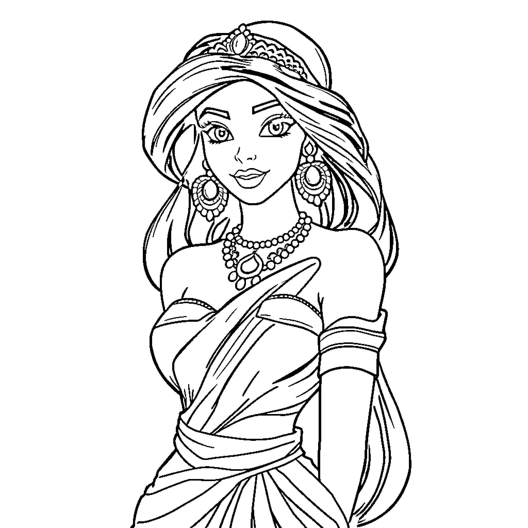 Princess Jasmine in Elegant Attire and Jewellery Coloring Page (free black-and-white line drawing printable PDF for all, from beginners to advanced learners, including children, teens, adults, and seniors)