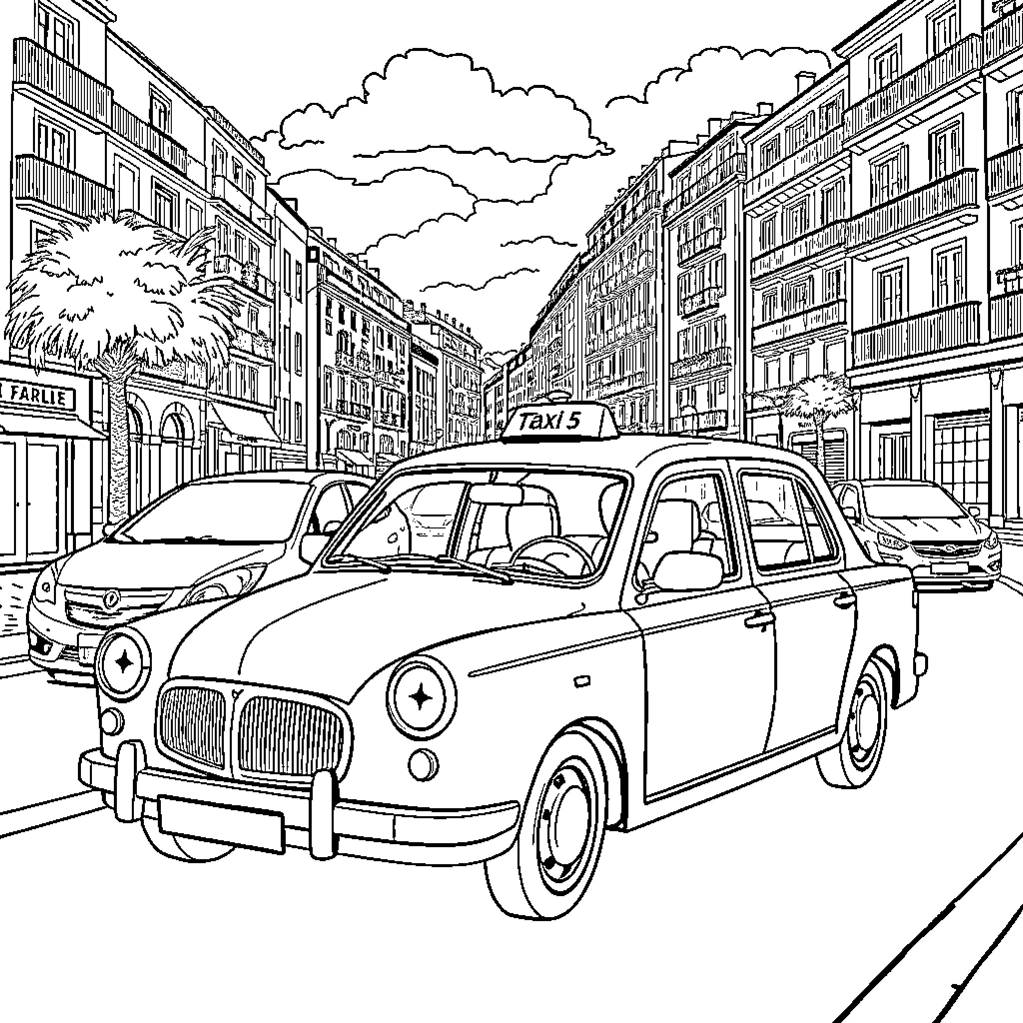 Taxi in the Bustling City Street Coloring Page (free black-and-white line drawing printable PDF for all, from beginners to advanced learners, including children, teens, adults, and seniors)