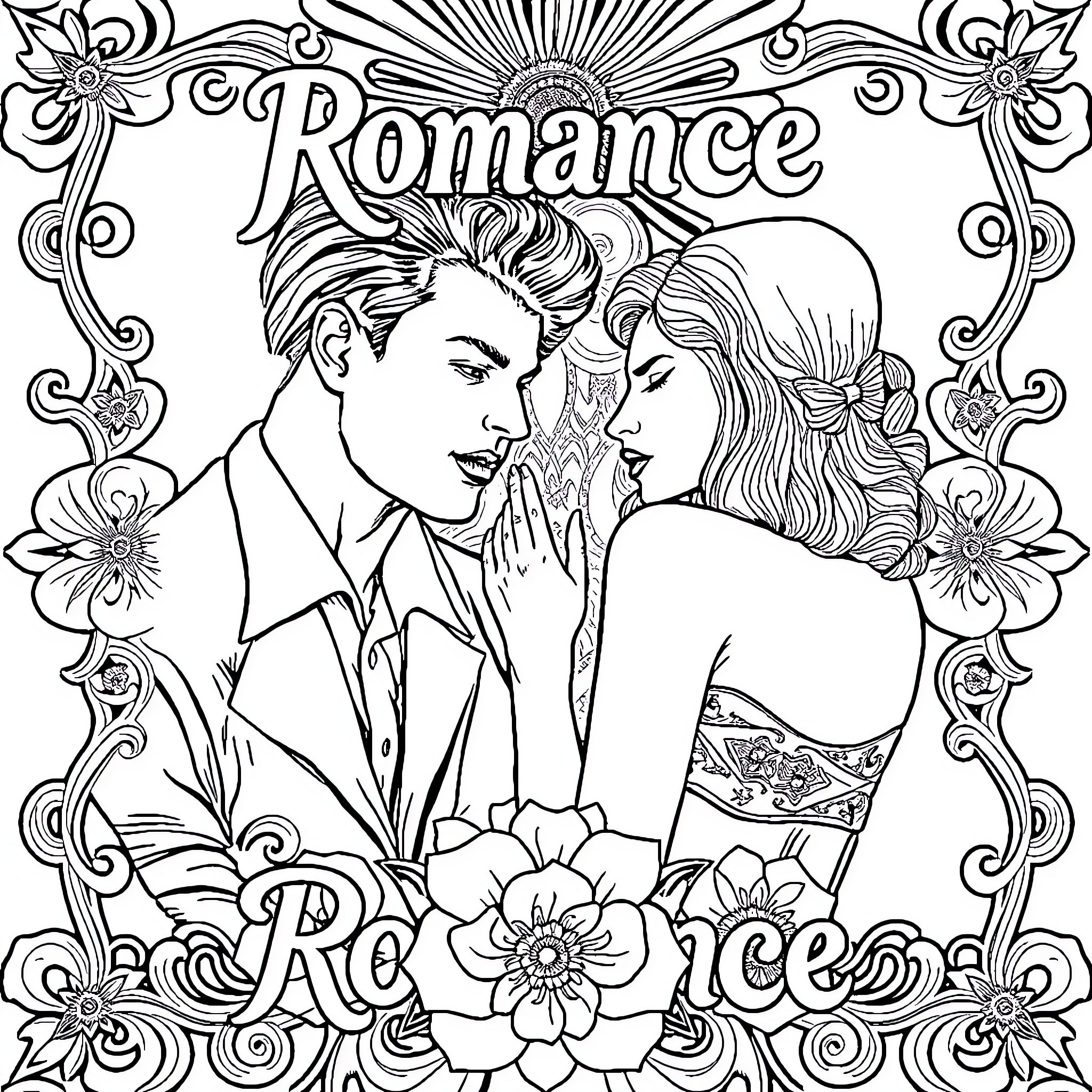 Album of Romantic Couple in Floral Embrace Coloring Page (free black-and-white line drawing printable PDF for all, from beginners to advanced learners, including children, teens, adults, and seniors)