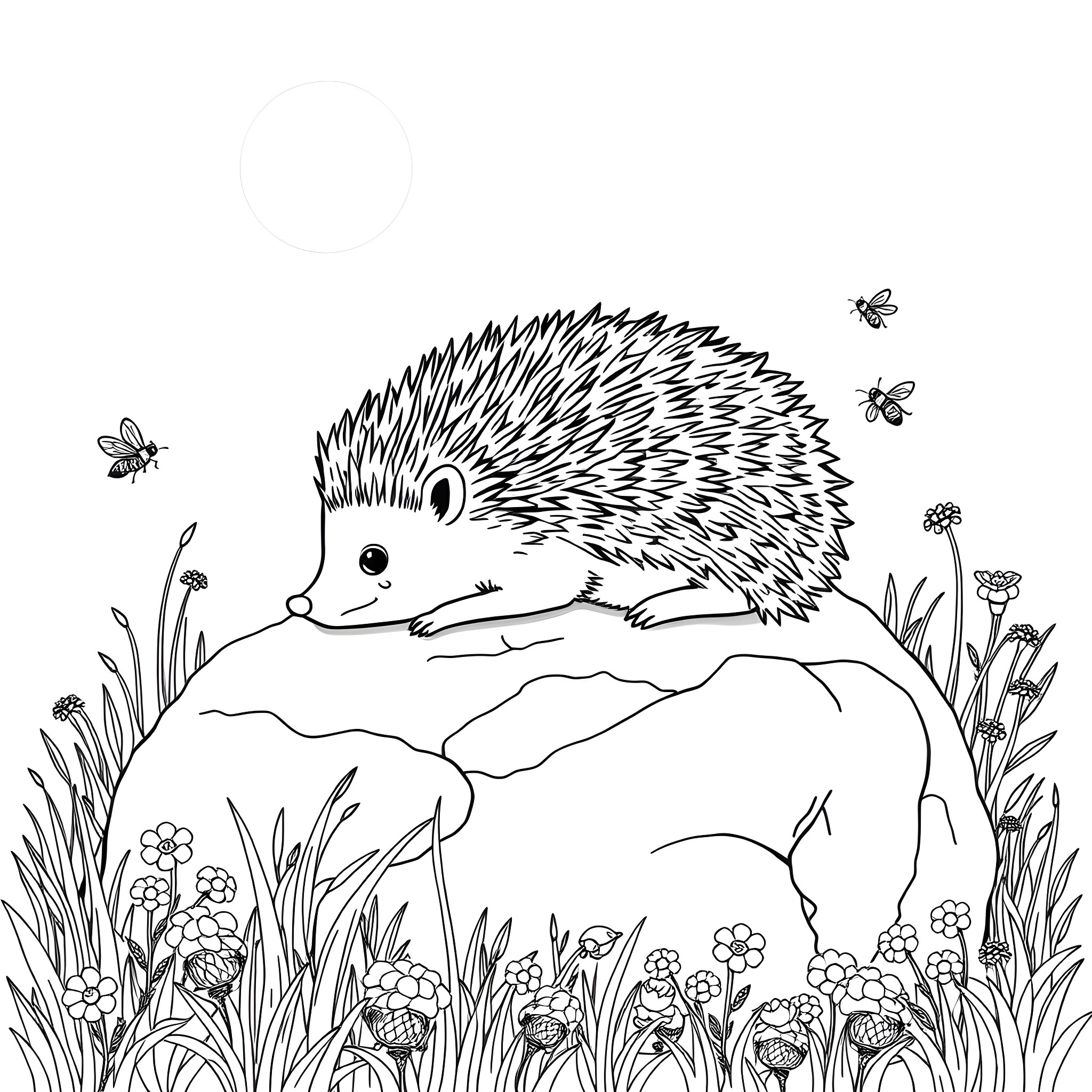 Hedgehog exploring a flower-filled meadow Coloring Page (free black-and-white line drawing printable PDF for all, from beginners to advanced learners, including children, teens, adults, and seniors)