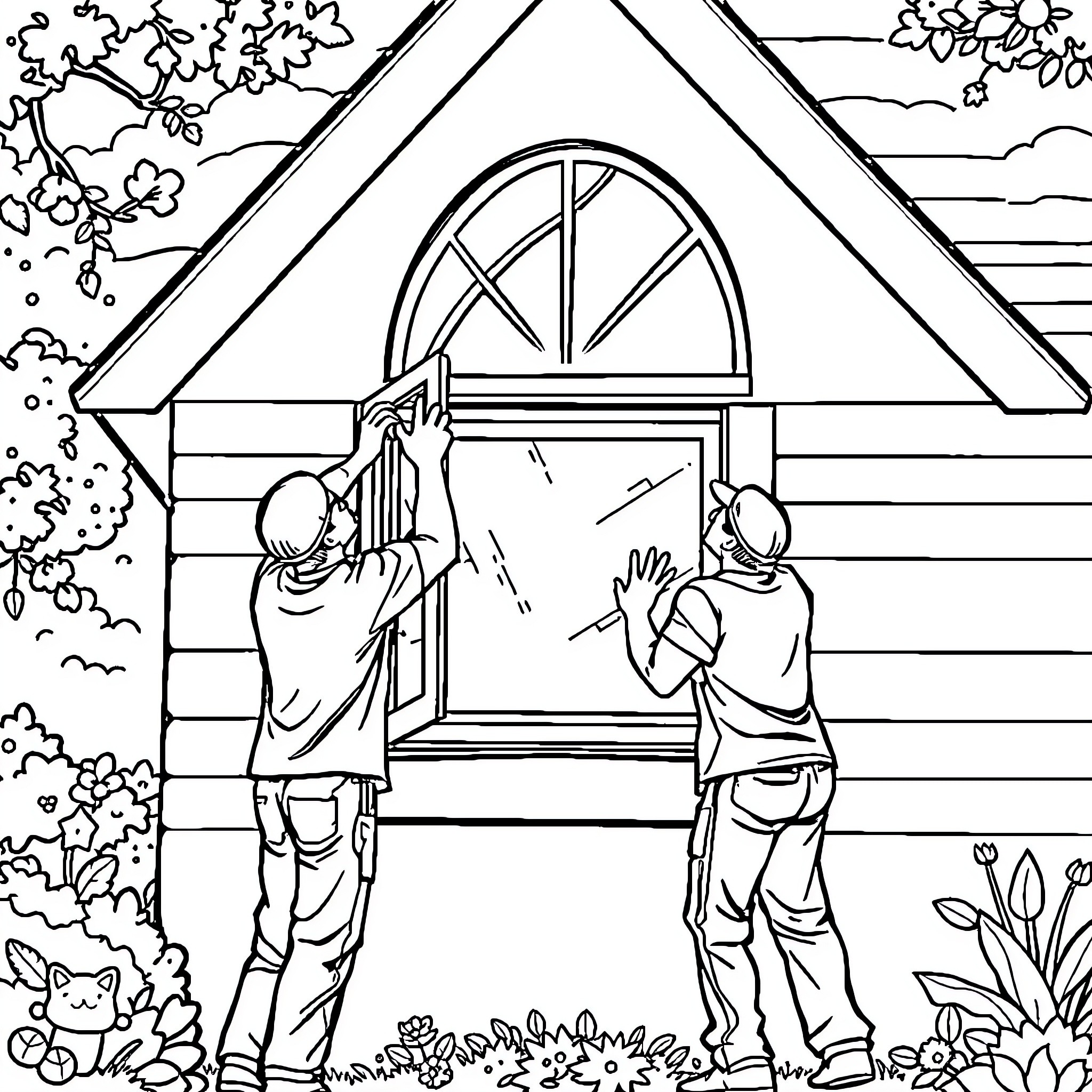 Man cleaning window of a rustic cabin in nature Coloring Page (free black-and-white line drawing printable PDF for all, from beginners to advanced learners, including children, teens, adults, and seniors)