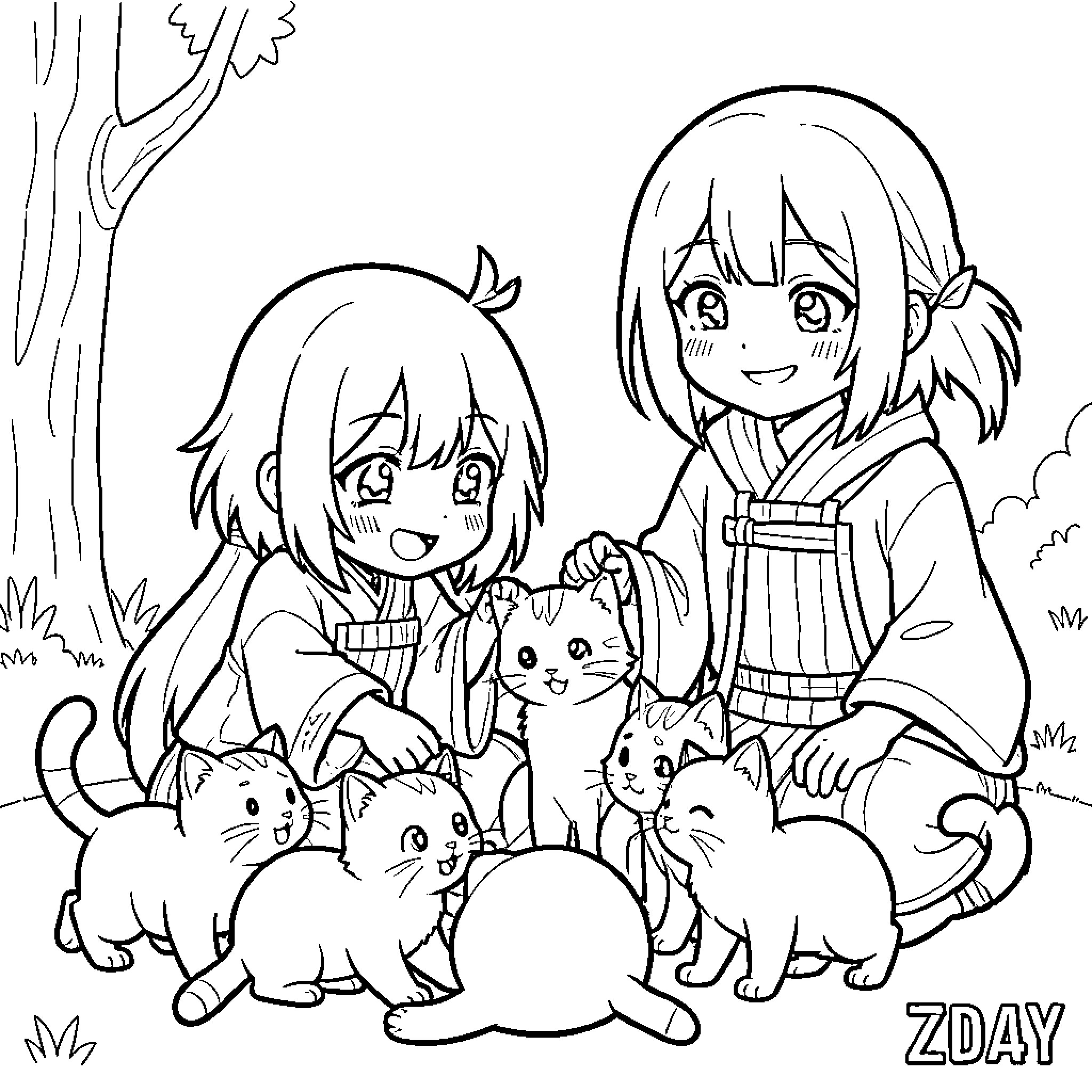 Nezuko enjoying time with friends and feline companions Coloring Page (free black-and-white line drawing printable PDF for all, from beginners to advanced learners, including children, teens, adults, and seniors)