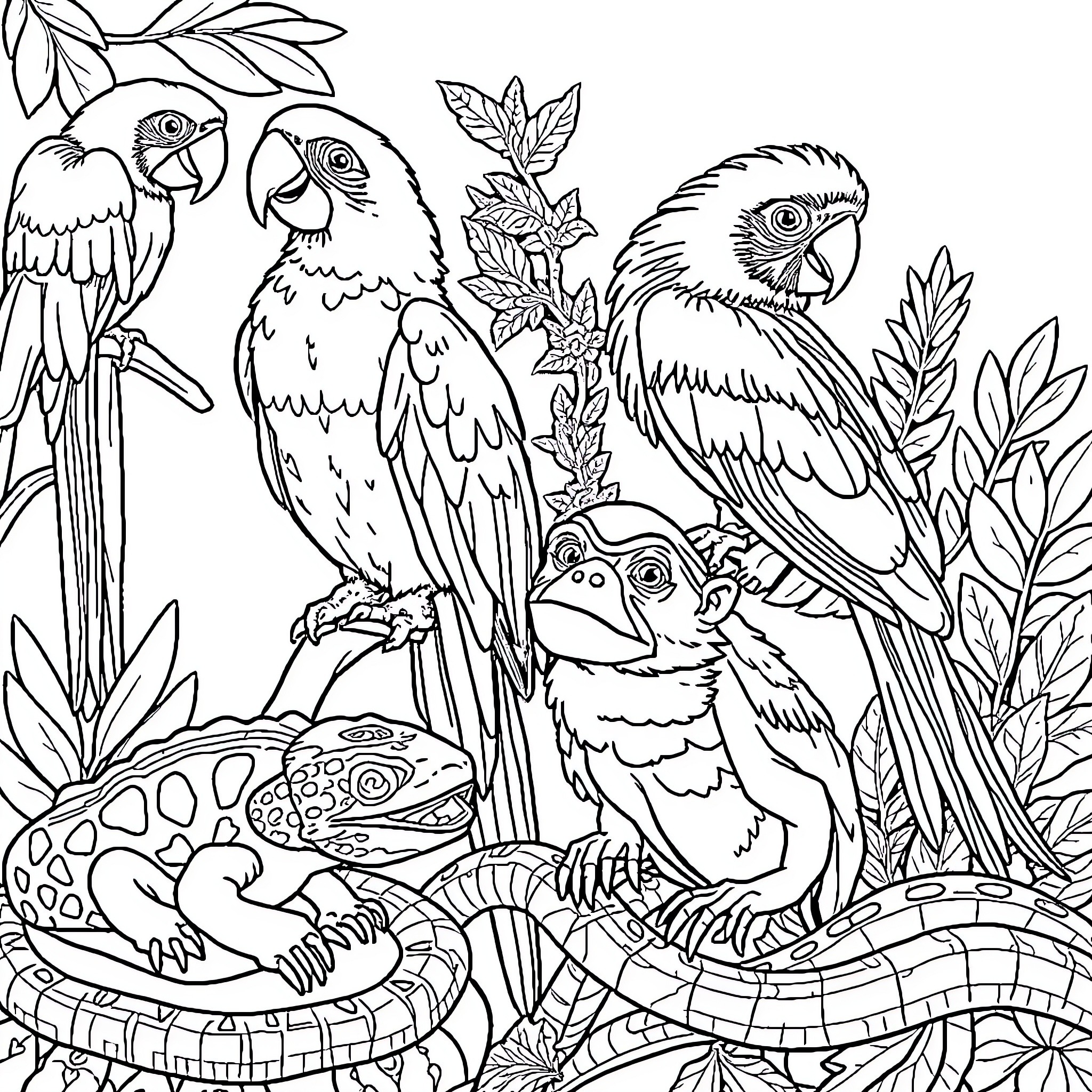 Pet Parrots Amid Lush Foliage Coloring Page (free black-and-white line drawing printable PDF for all, from beginners to advanced learners, including children, teens, adults, and seniors)