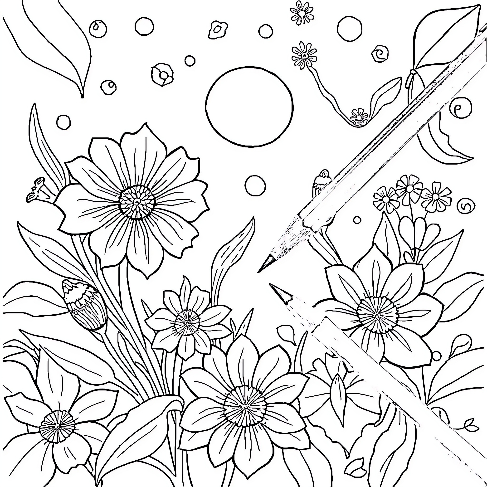 Aary's Floral Sketching Adventure Coloring Page (free black-and-white line drawing printable PDF for all, from beginners to advanced learners, including children, teens, adults, and seniors)