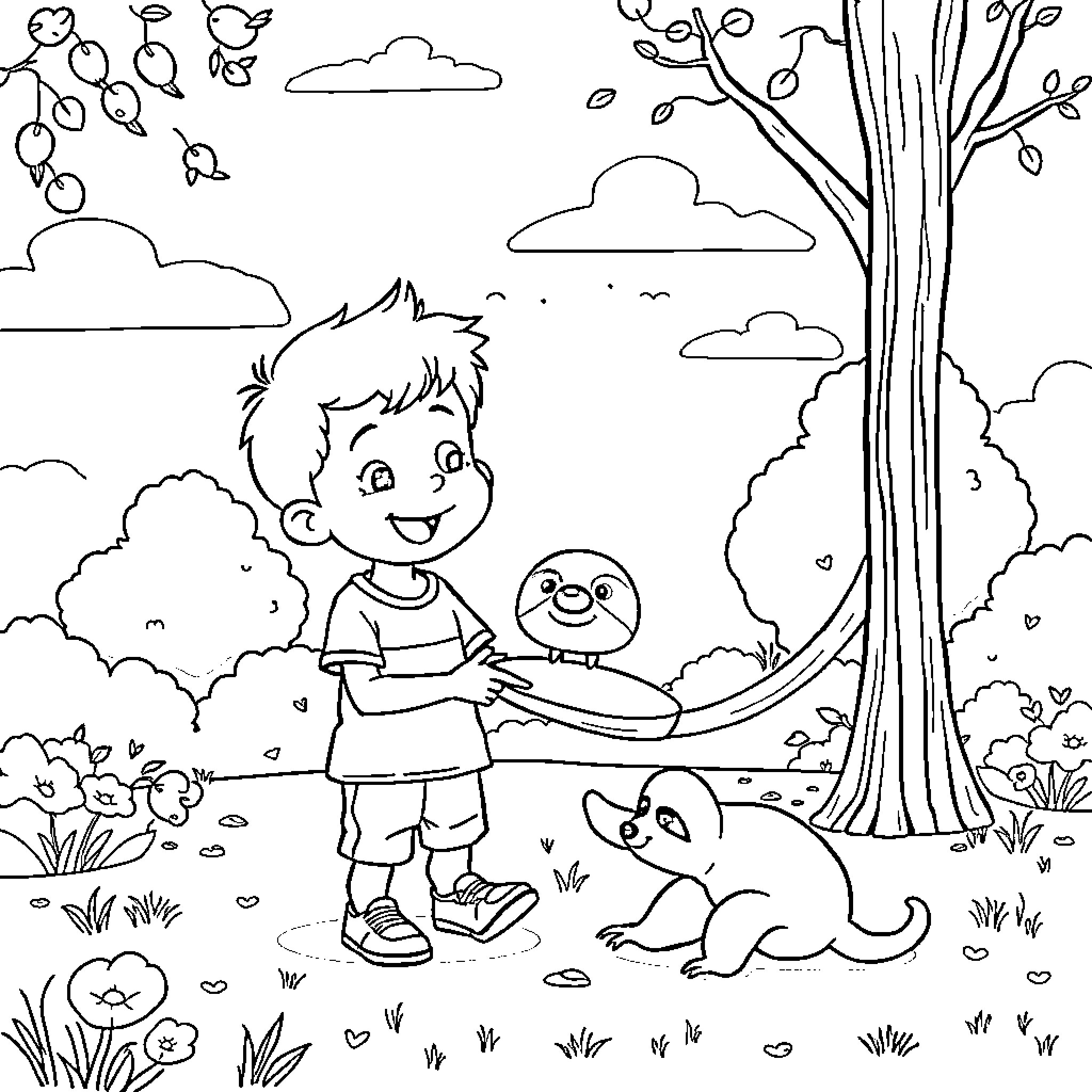 Boy playing happily with pets in the park Coloring Page (free black-and-white line drawing printable PDF for all, from beginners to advanced learners, including children, teens, adults, and seniors)