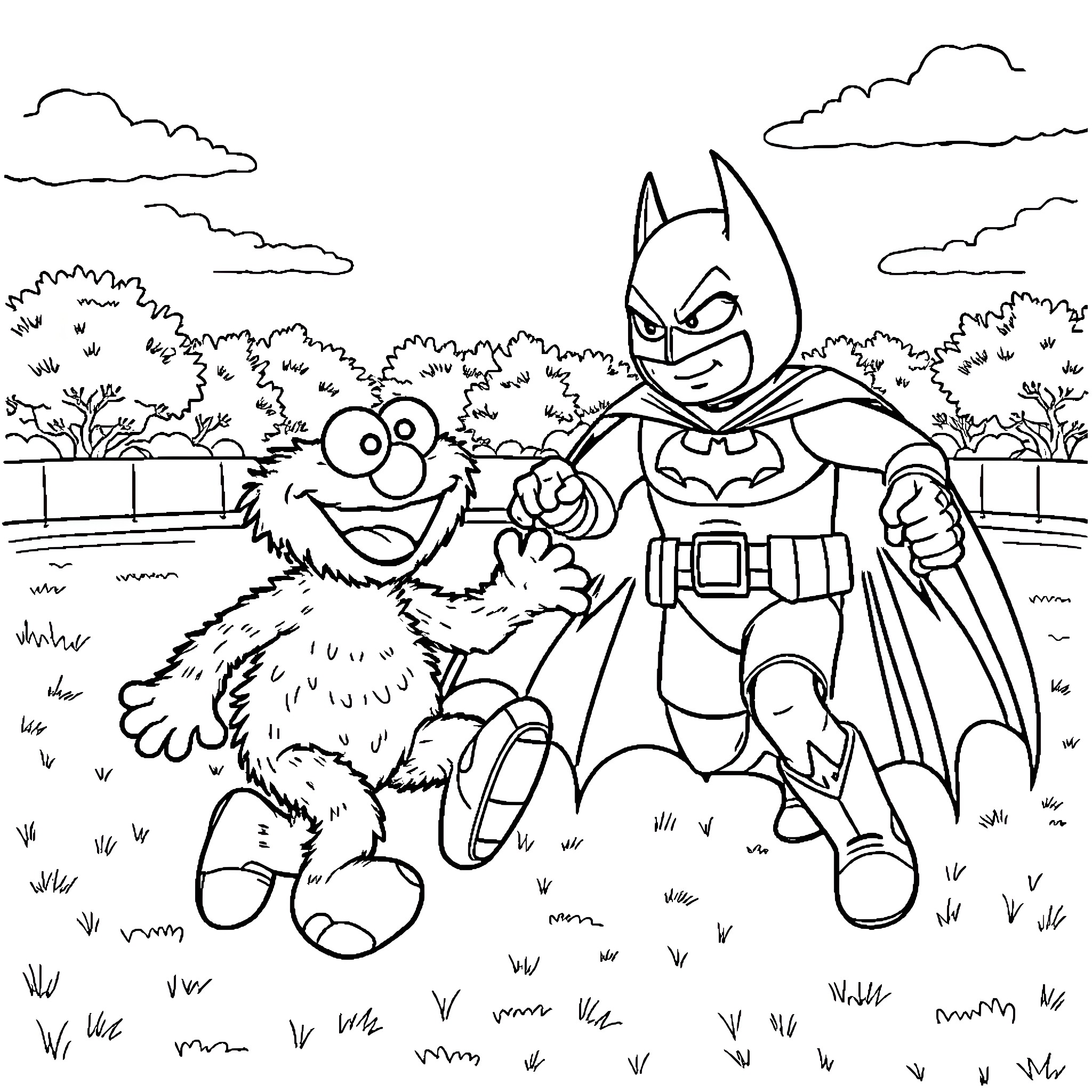 Cookie Monster and Batman in the Forest Coloring Page (free black-and-white line drawing printable PDF for all, from beginners to advanced learners, including children, teens, adults, and seniors)