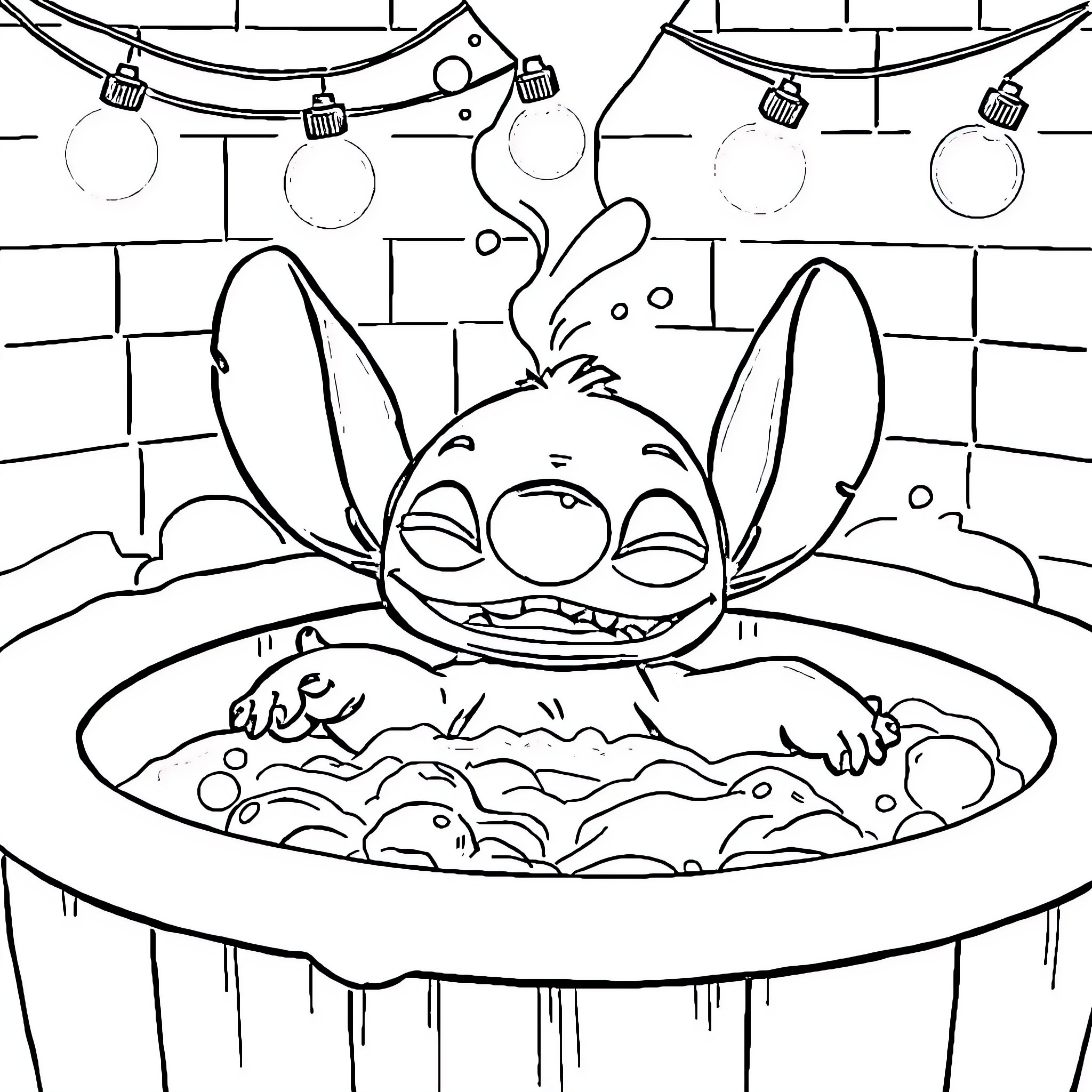 Stitch relaxing in a bubbly tub under string lights Coloring Page (free black-and-white line drawing printable PDF for all, from beginners to advanced learners, including children, teens, adults, and seniors)