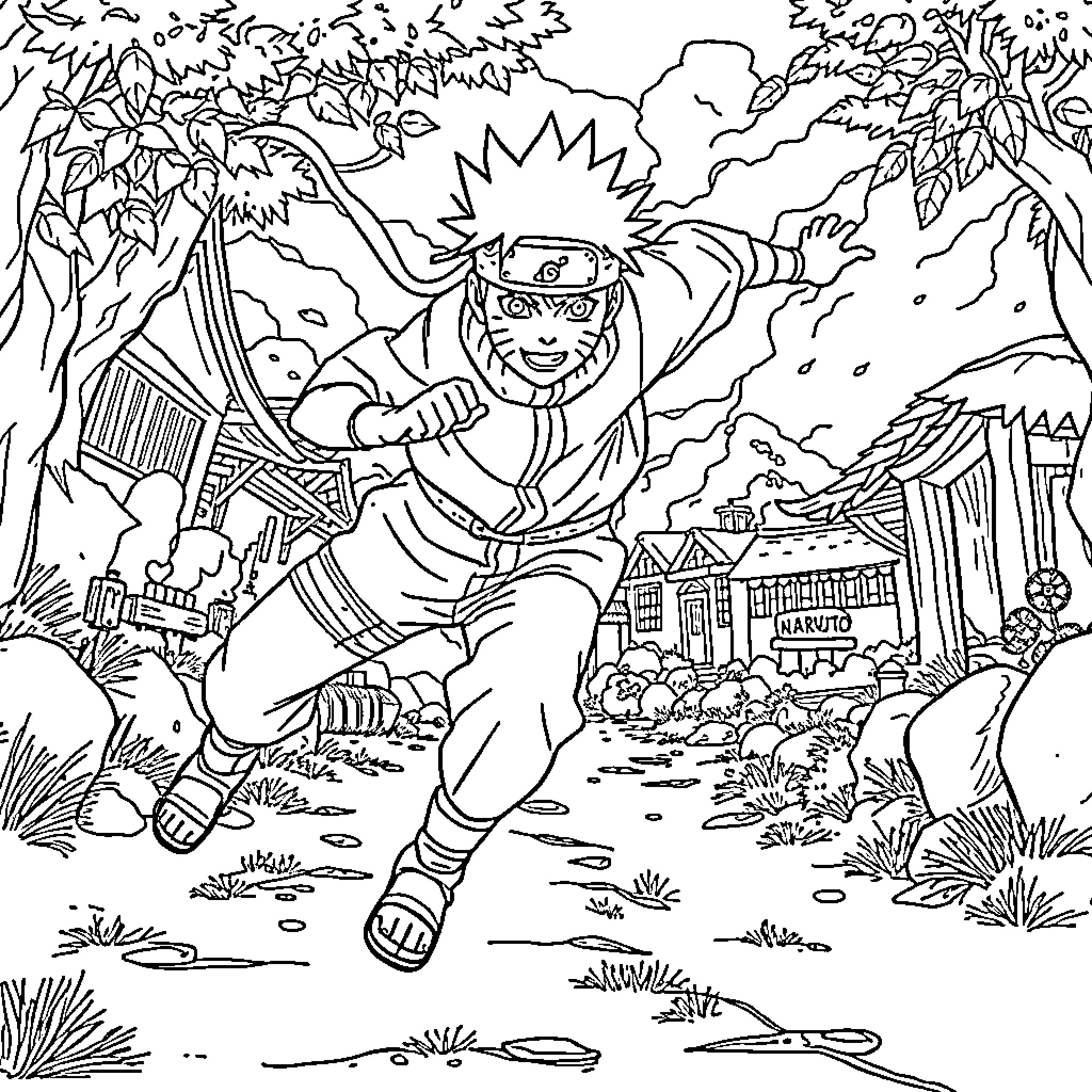 Naruto running excitedly through a lush forest landscape Coloring Page (free black-and-white line drawing printable PDF for all, from beginners to advanced learners, including children, teens, adults, and seniors)