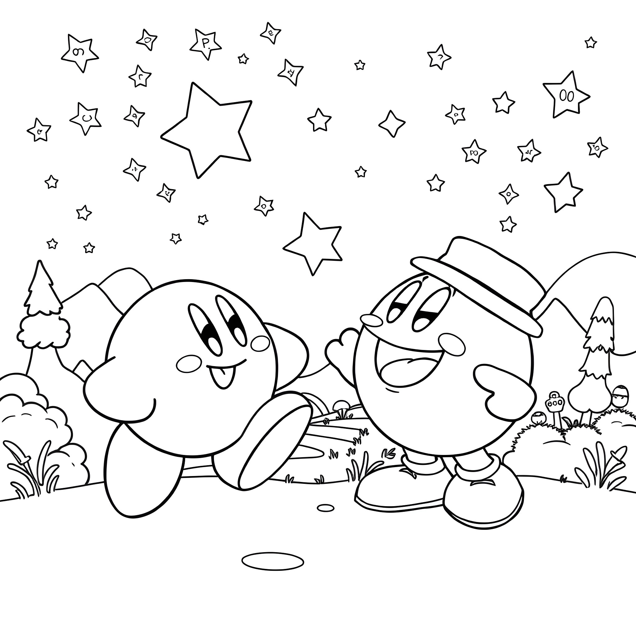 Kirby and Waddle Dee Enjoying the Starry Night Coloring Page (free black-and-white line drawing printable PDF for all, from beginners to advanced learners, including children, teens, adults, and seniors)