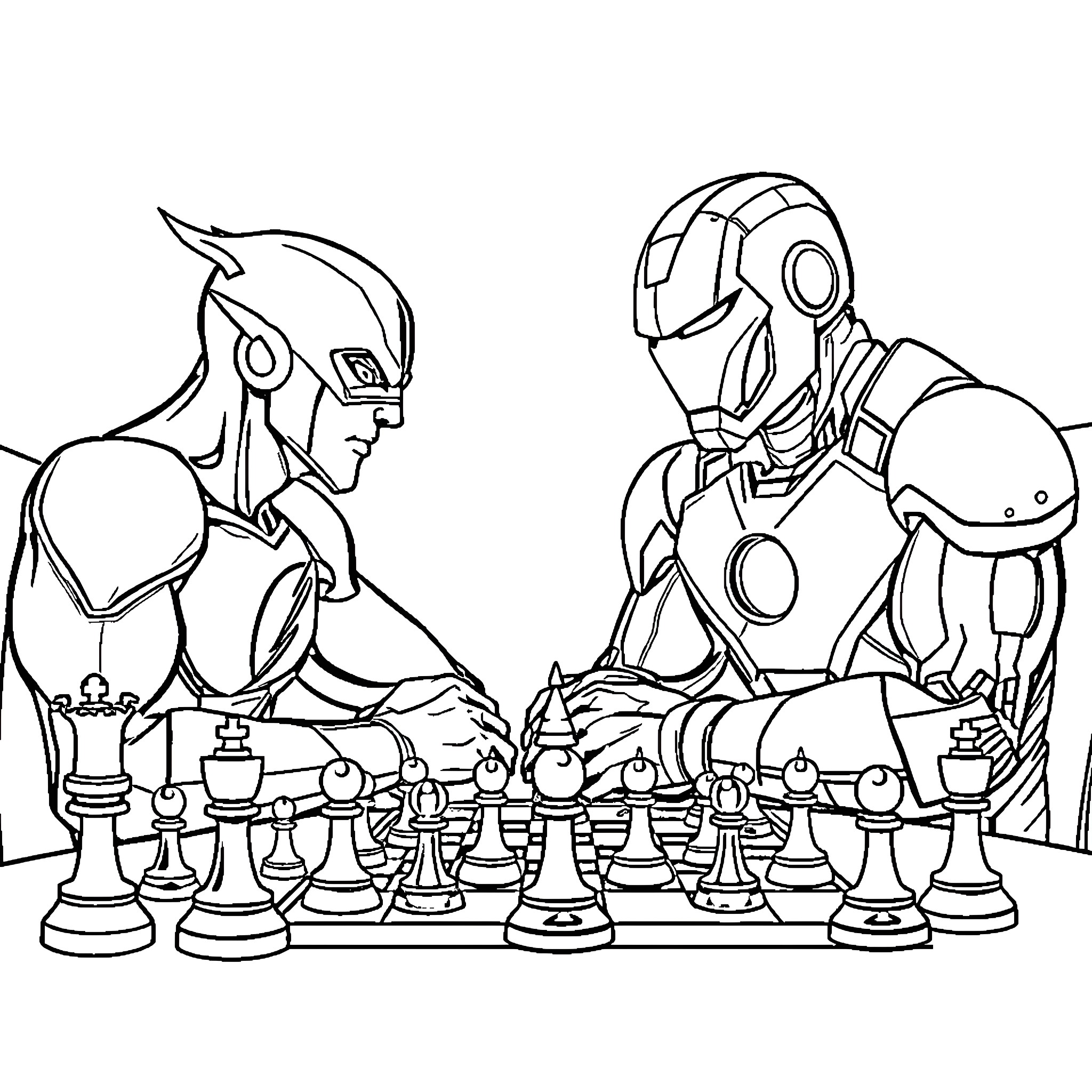 Flash of robotic figures playing chess Coloring Page (free black-and-white line drawing printable PDF for all, from beginners to advanced learners, including children, teens, adults, and seniors)