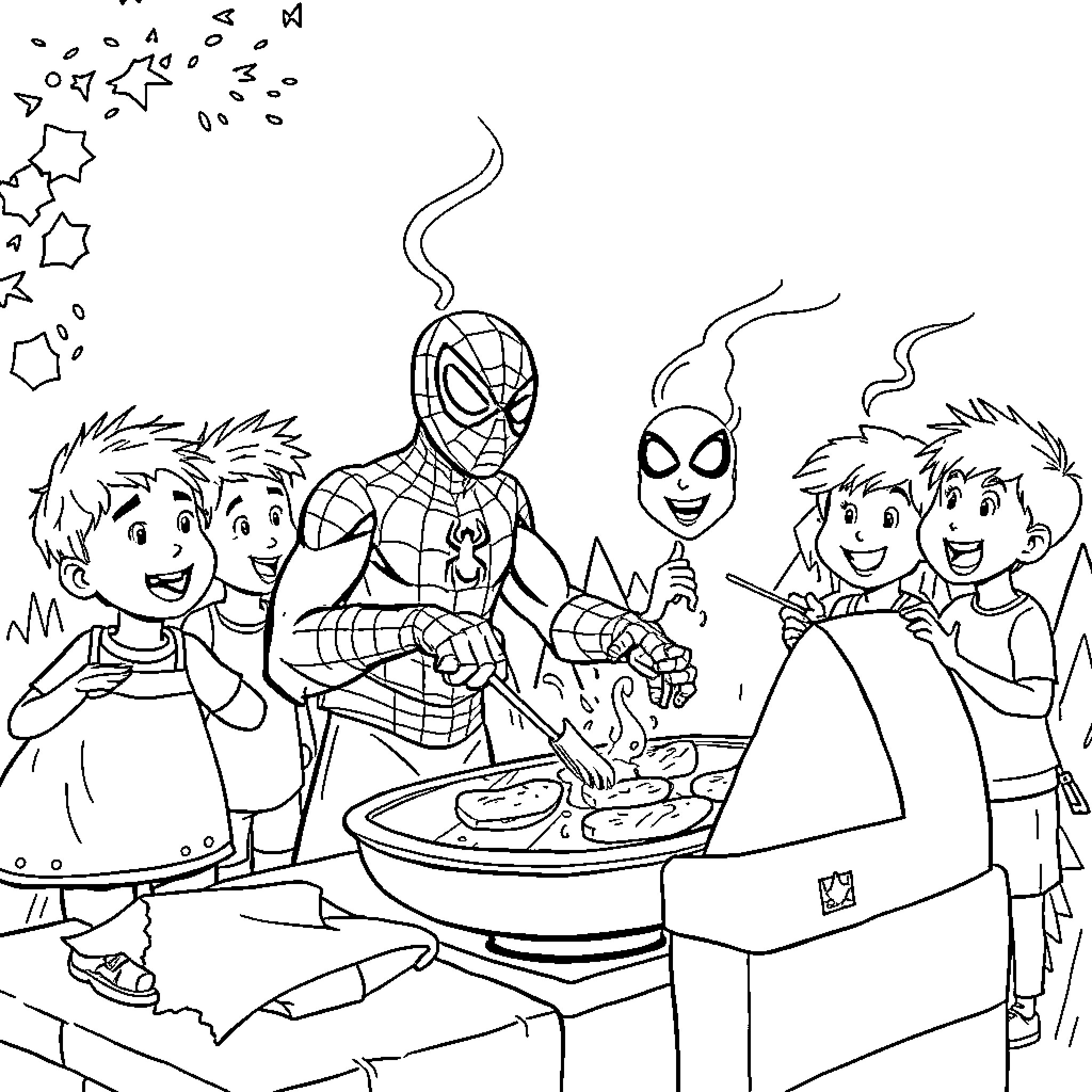Spider-Man hosting a pizza party for excited children Coloring Page (free black-and-white line drawing printable PDF for all, from beginners to advanced learners, including children, teens, adults, and seniors)