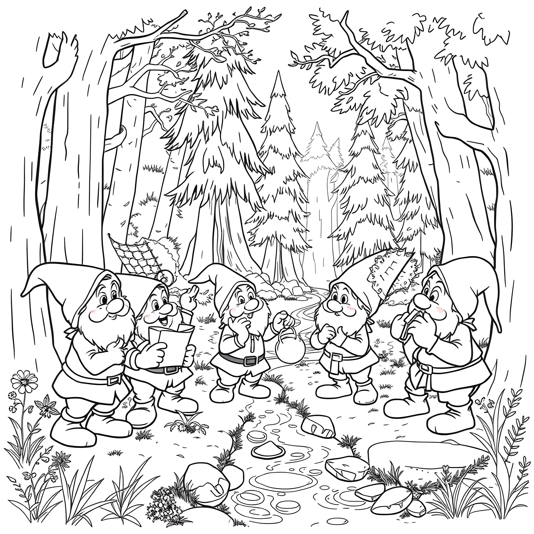 Dwarf companions gathering in the enchanted forest Coloring Page (free black-and-white line drawing printable PDF for all, from beginners to advanced learners, including children, teens, adults, and seniors)