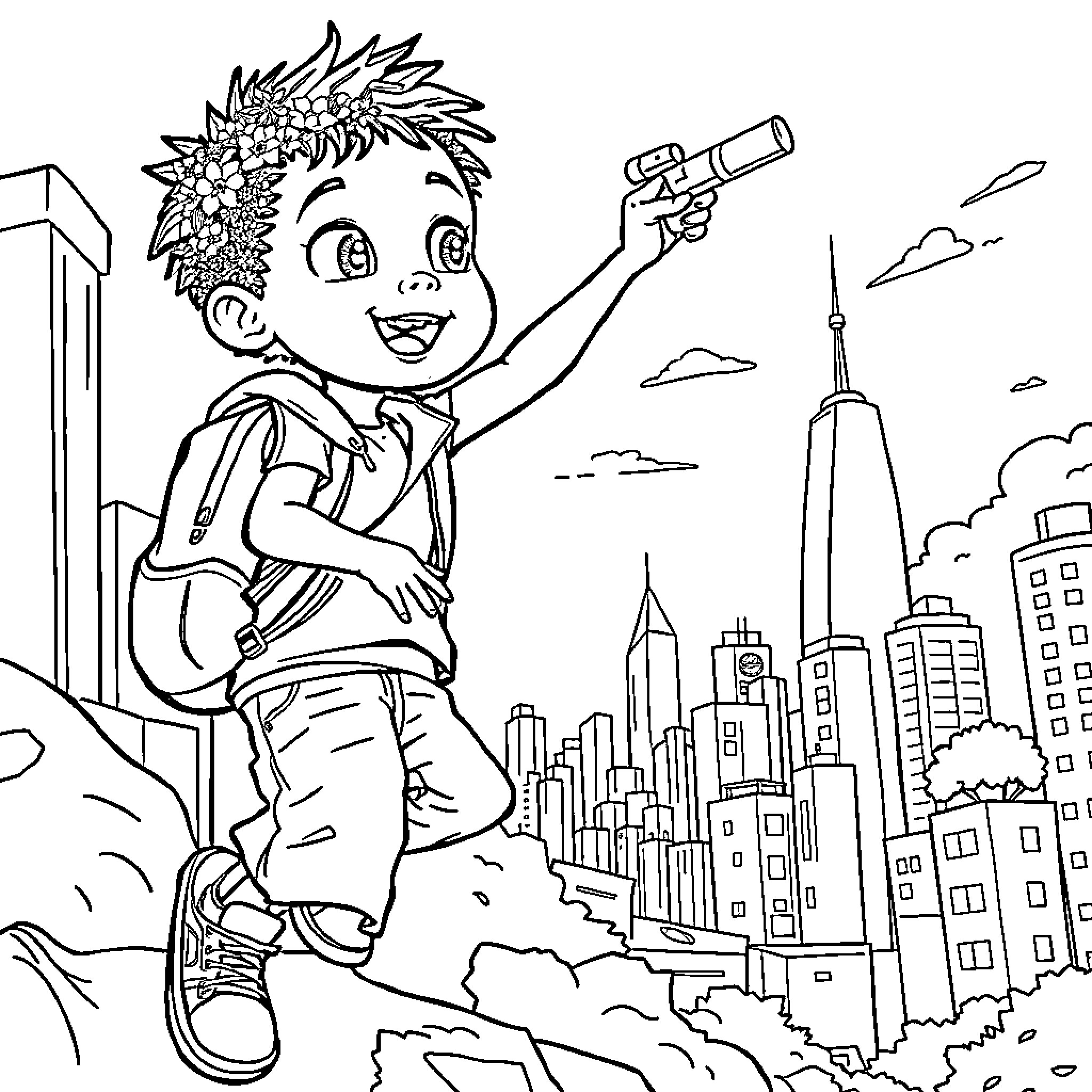 Boy Exploring the City Skyline Coloring Page (free black-and-white line drawing printable PDF for all, from beginners to advanced learners, including children, teens, adults, and seniors)