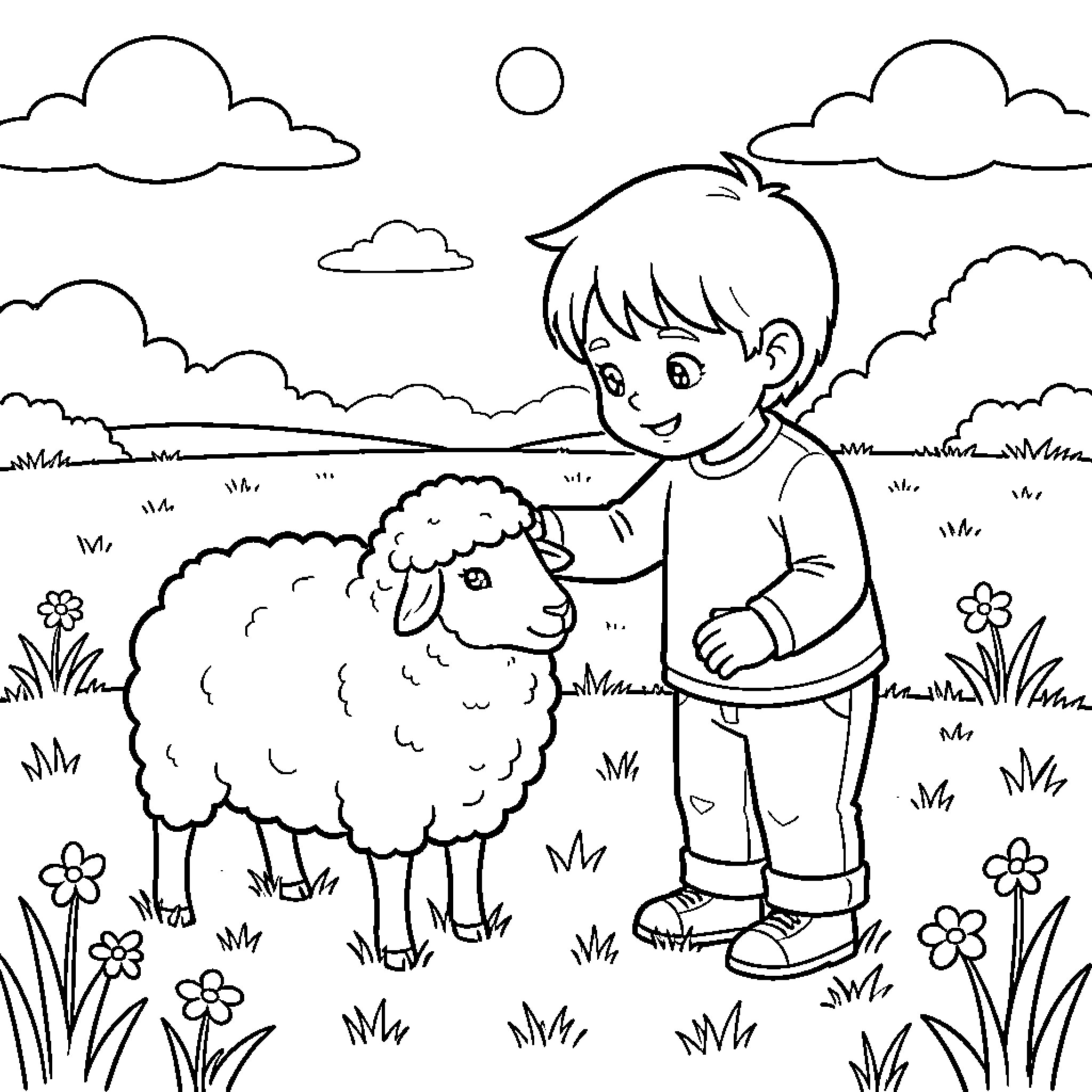 Sheep playing with a child in nature Coloring Page (free black-and-white line drawing printable PDF for all, from beginners to advanced learners, including children, teens, adults, and seniors)