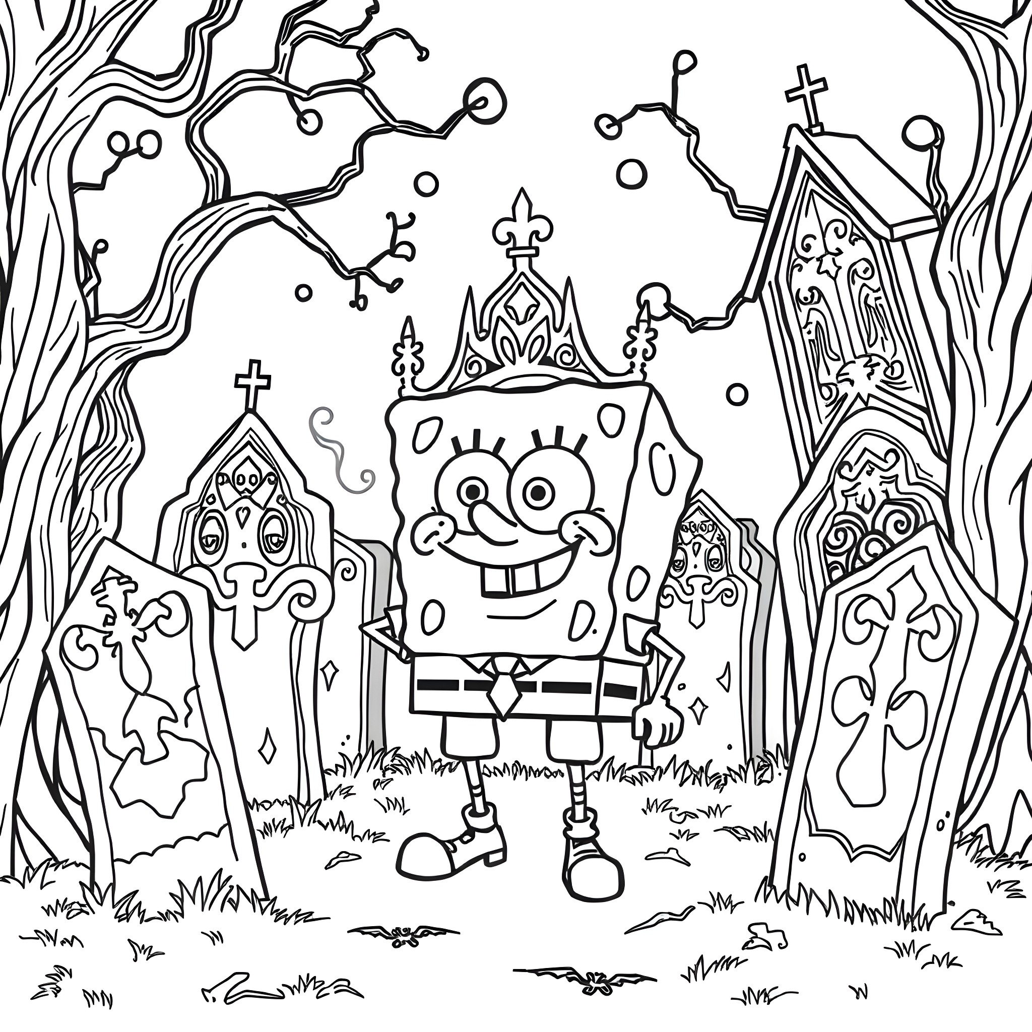 Spongebob's Surreal Underwater Adventure Coloring Page (free black-and-white line drawing printable PDF for all, from beginners to advanced learners, including children, teens, adults, and seniors)