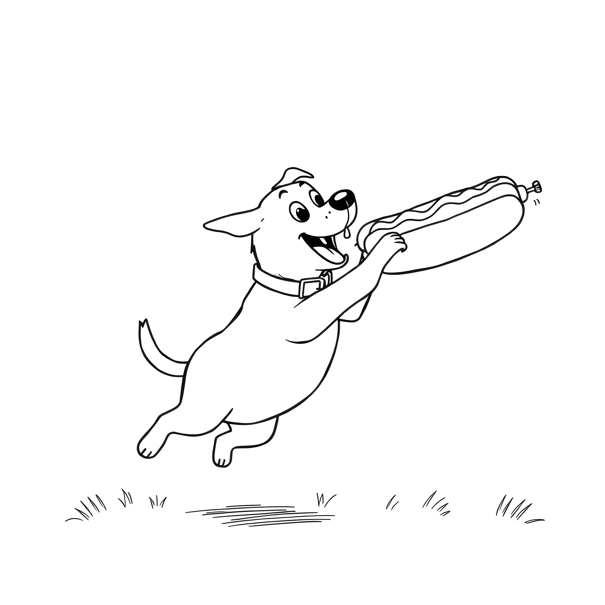 Dog playing joyfully with hot dog Coloring Page (free black-and-white line drawing printable PDF for all, from beginners to advanced learners, including children, teens, adults, and seniors)