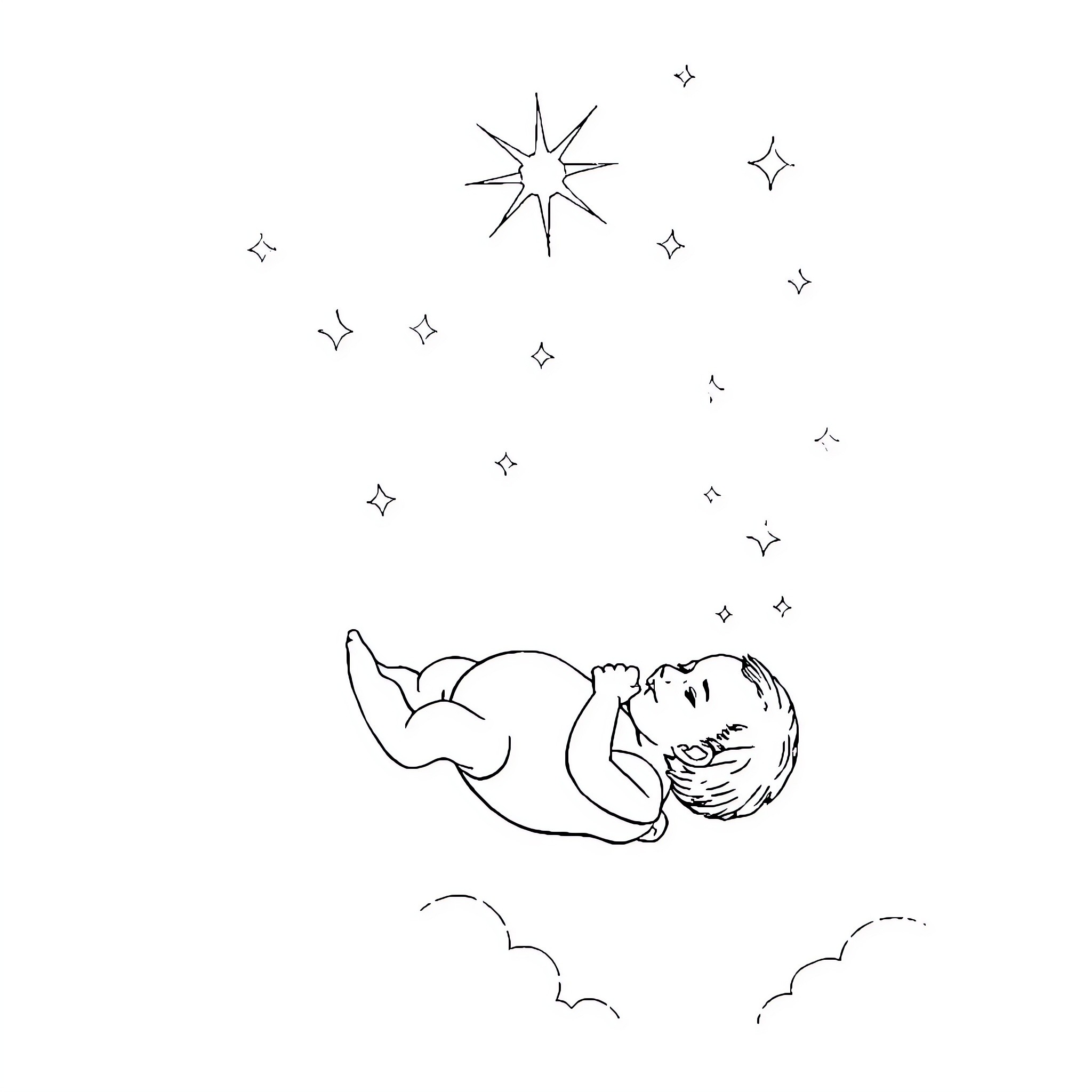Bebe floating among the stars Coloring Page (free black-and-white line drawing printable PDF for all, from beginners to advanced learners, including children, teens, adults, and seniors)