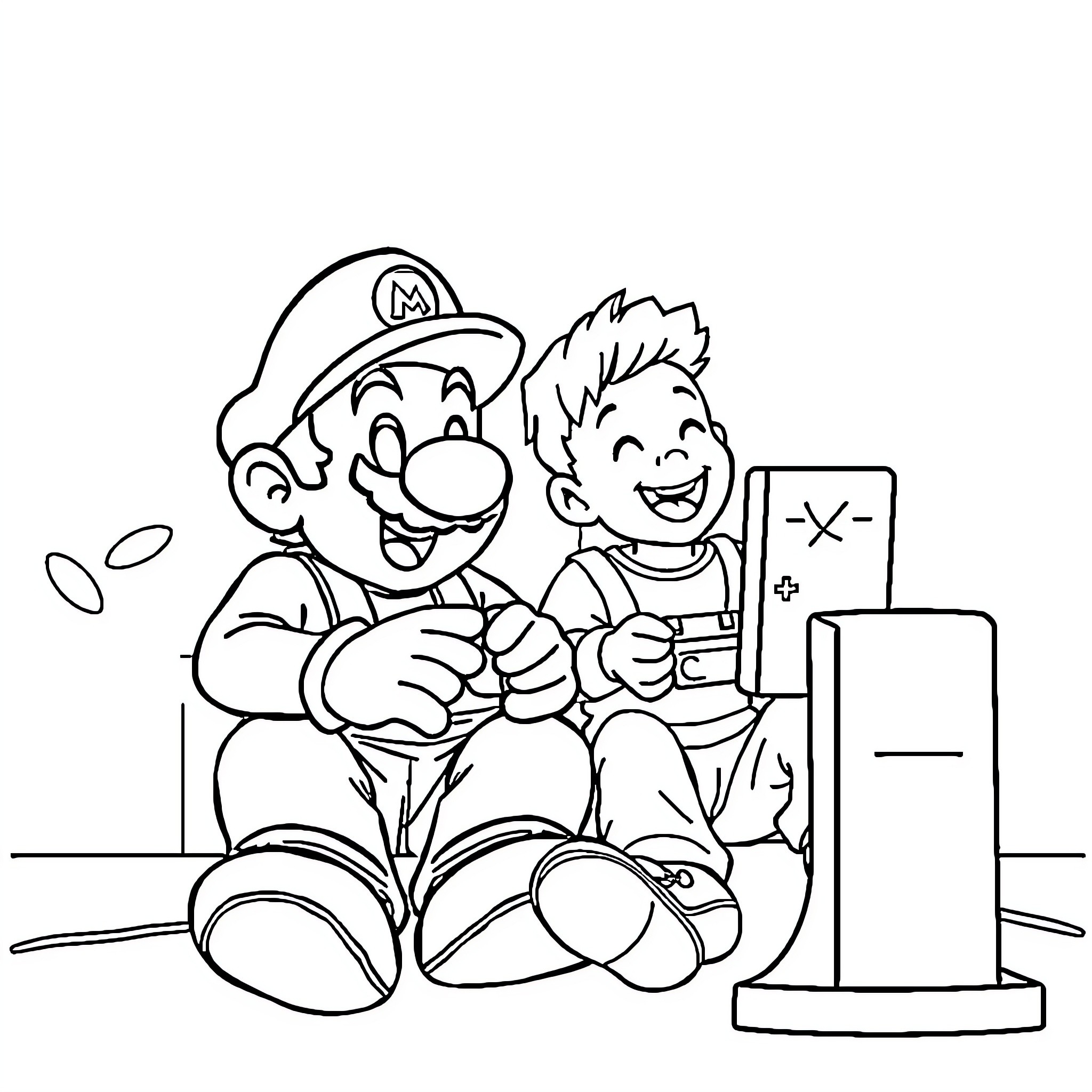 Mario and Friend Playing Video Games Coloring Page (free black-and-white line drawing printable PDF for all, from beginners to advanced learners, including children, teens, adults, and seniors)