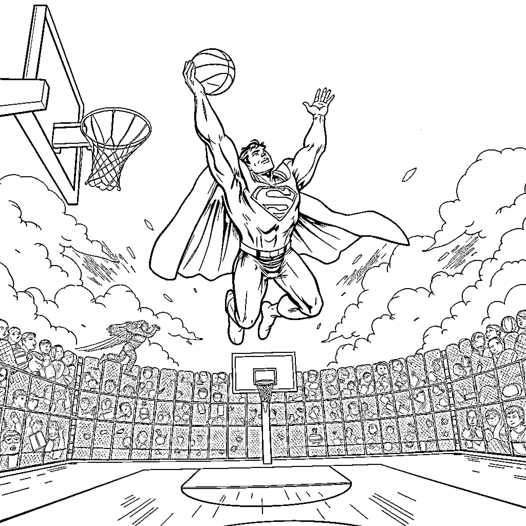 Superman soaring through the air above a basketball court Coloring Page (free black-and-white line drawing printable PDF for all, from beginners to advanced learners, including children, teens, adults, and seniors)