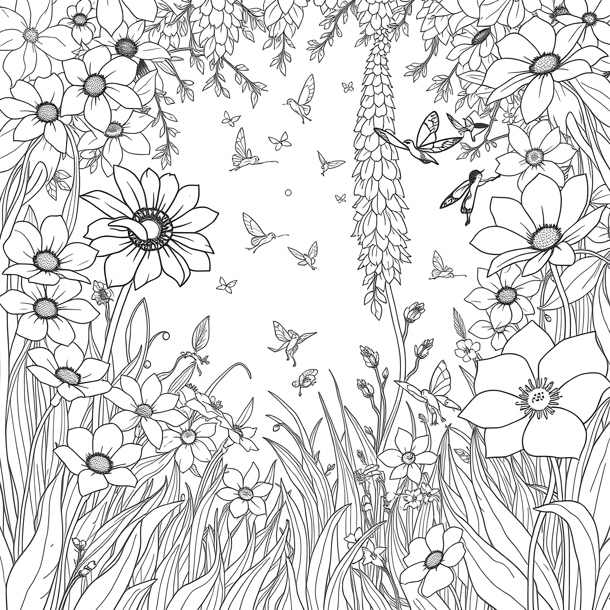 Fairy Garden with Vibrant Blooms and Fluttering Butterflies Coloring Page (free black-and-white line drawing printable PDF for all, from beginners to advanced learners, including children, teens, adults, and seniors)