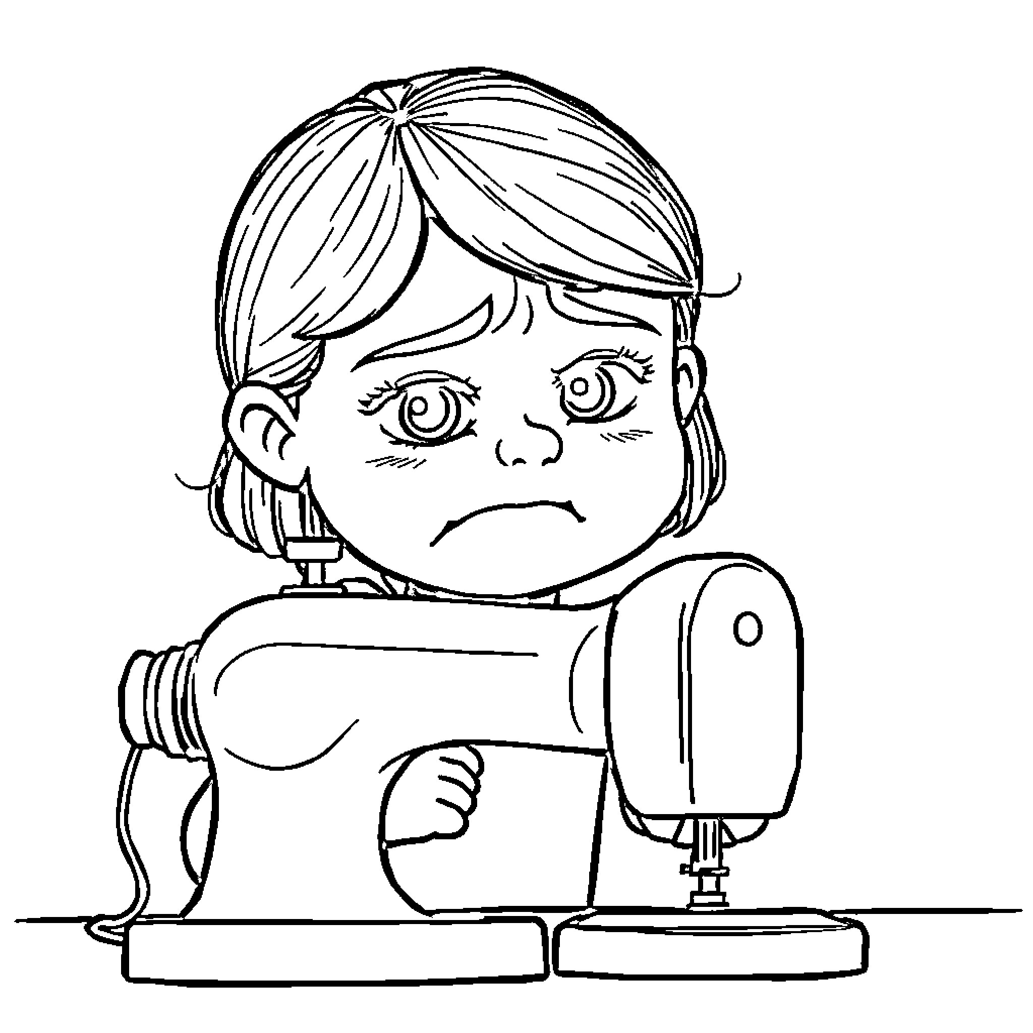 Girl Operating Sewing Machine with Distress Expression Coloring Page (free black-and-white line drawing printable PDF for all, from beginners to advanced learners, including children, teens, adults, and seniors)
