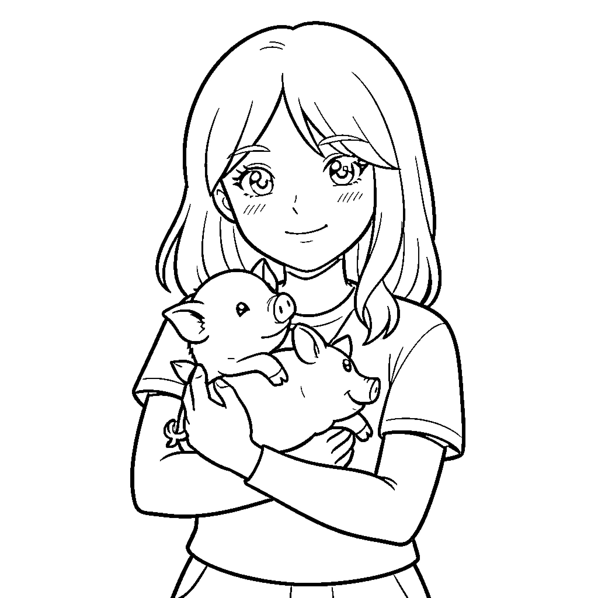 Girl Pig holding two cute little piglets Coloring Page (free black-and-white line drawing printable PDF for all, from beginners to advanced learners, including children, teens, adults, and seniors)