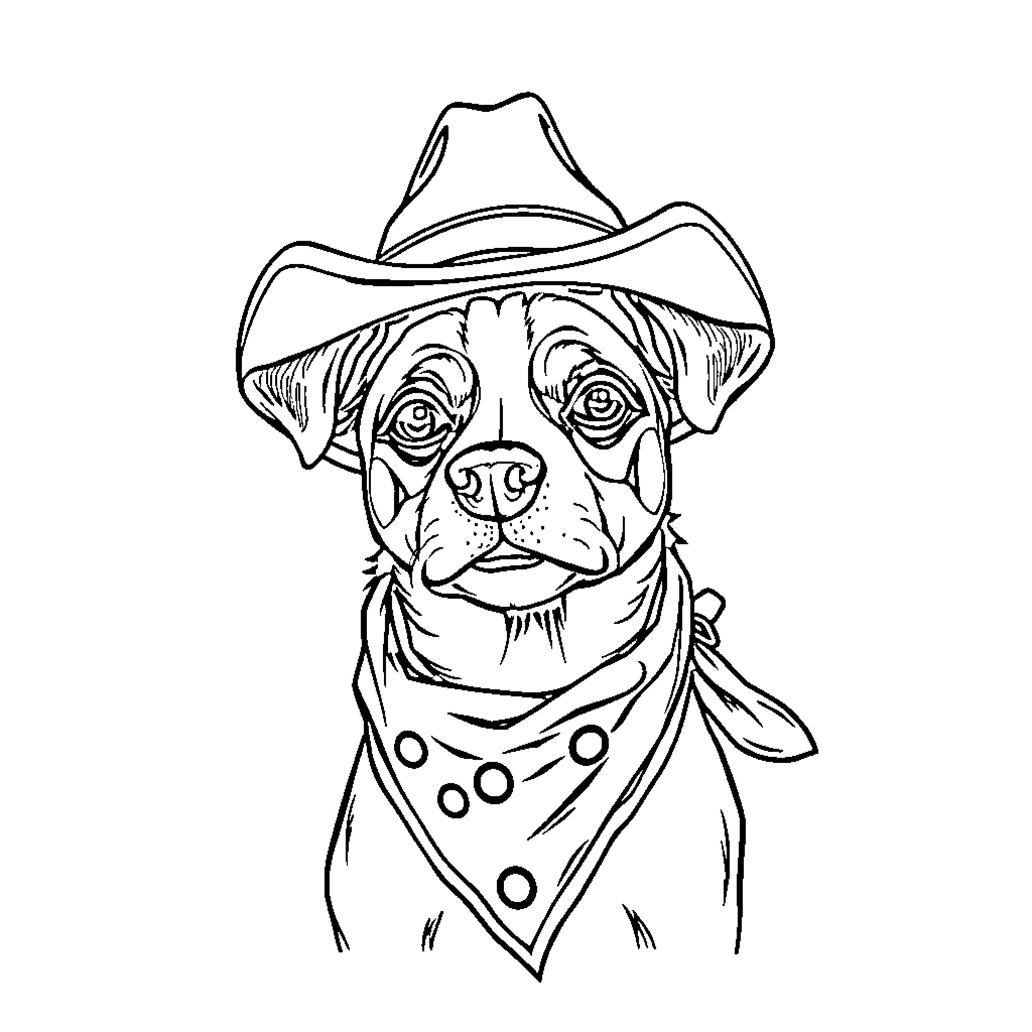 Cowboy dog with expressive features Coloring Page (free black-and-white line drawing printable PDF for all, from beginners to advanced learners, including children, teens, adults, and seniors)