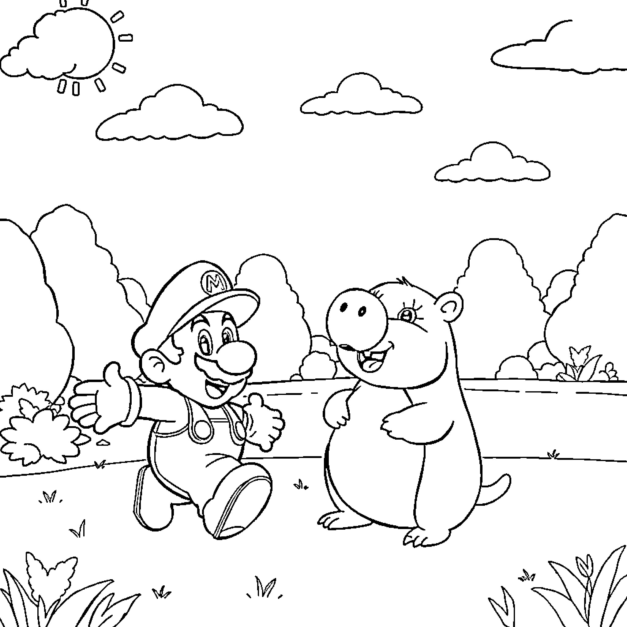 Super Mario Exploring the Outdoors with Friendly Animal Coloring Page (free black-and-white line drawing printable PDF for all, from beginners to advanced learners, including children, teens, adults, and seniors)