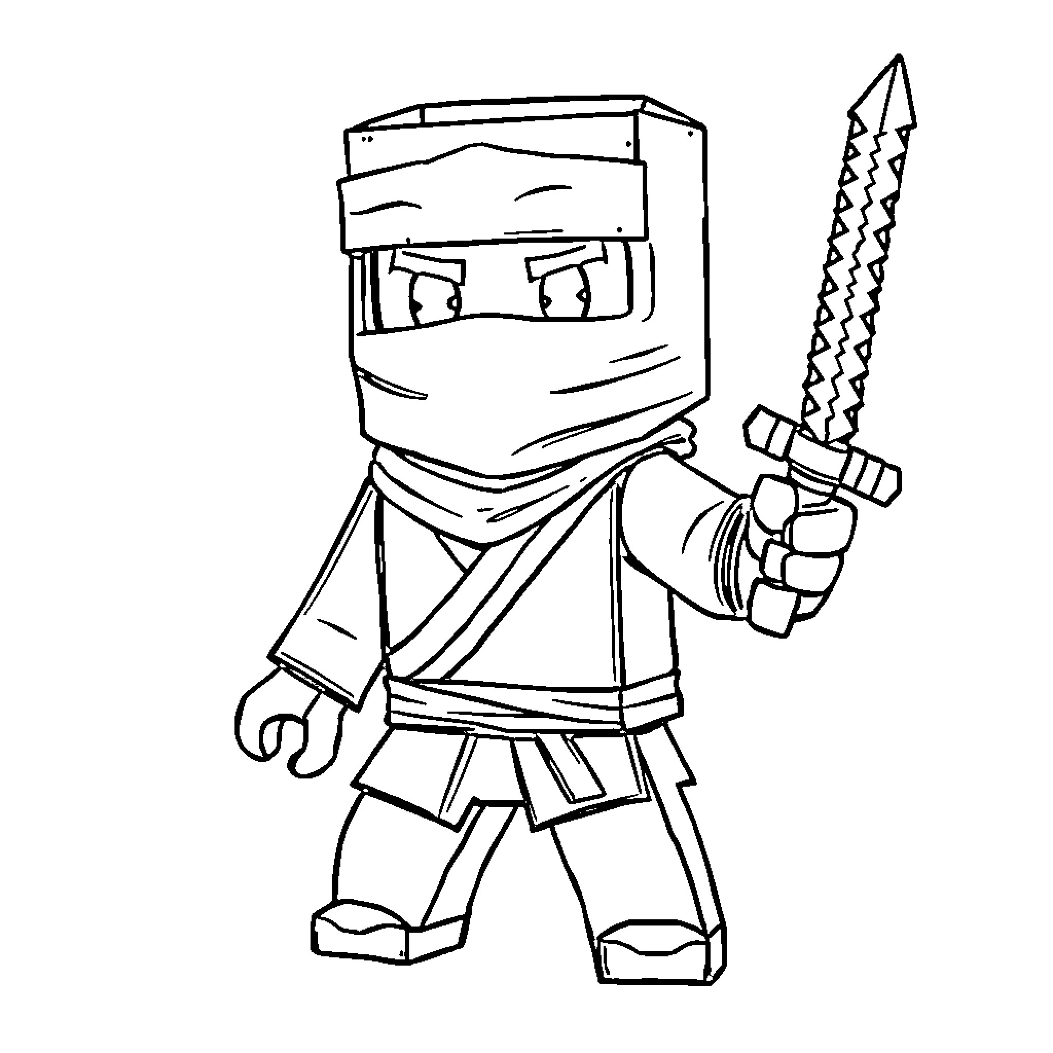 Steve the Masked Ninja Warrior with Sword Coloring Page (free black-and-white line drawing printable PDF for all, from beginners to advanced learners, including children, teens, adults, and seniors)
