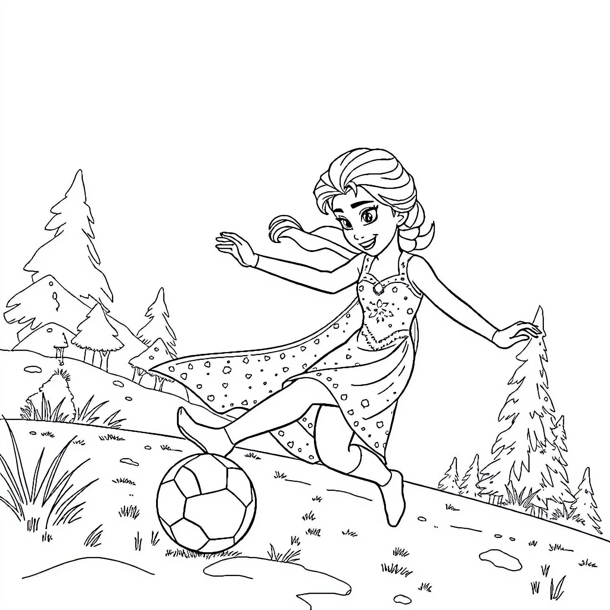 Elsa playing soccer in the forest Coloring Page (free black-and-white line drawing printable PDF for all, from beginners to advanced learners, including children, teens, adults, and seniors)