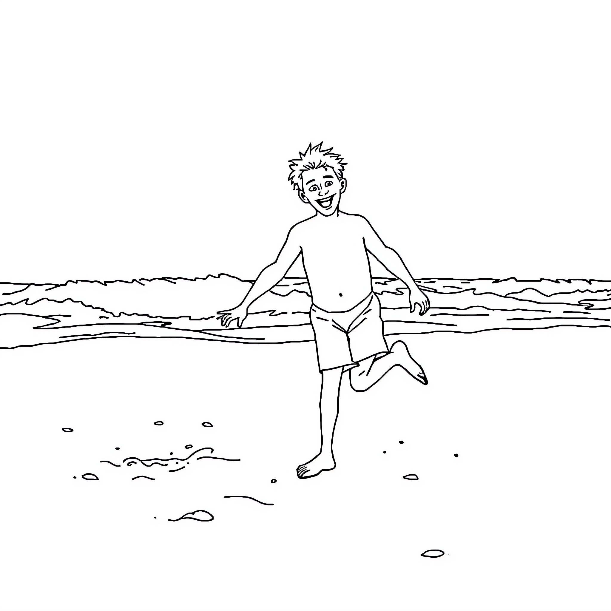 Olivier splashing joyfully in the waves Coloring Page (free black-and-white line drawing printable PDF for all, from beginners to advanced learners, including children, teens, adults, and seniors)