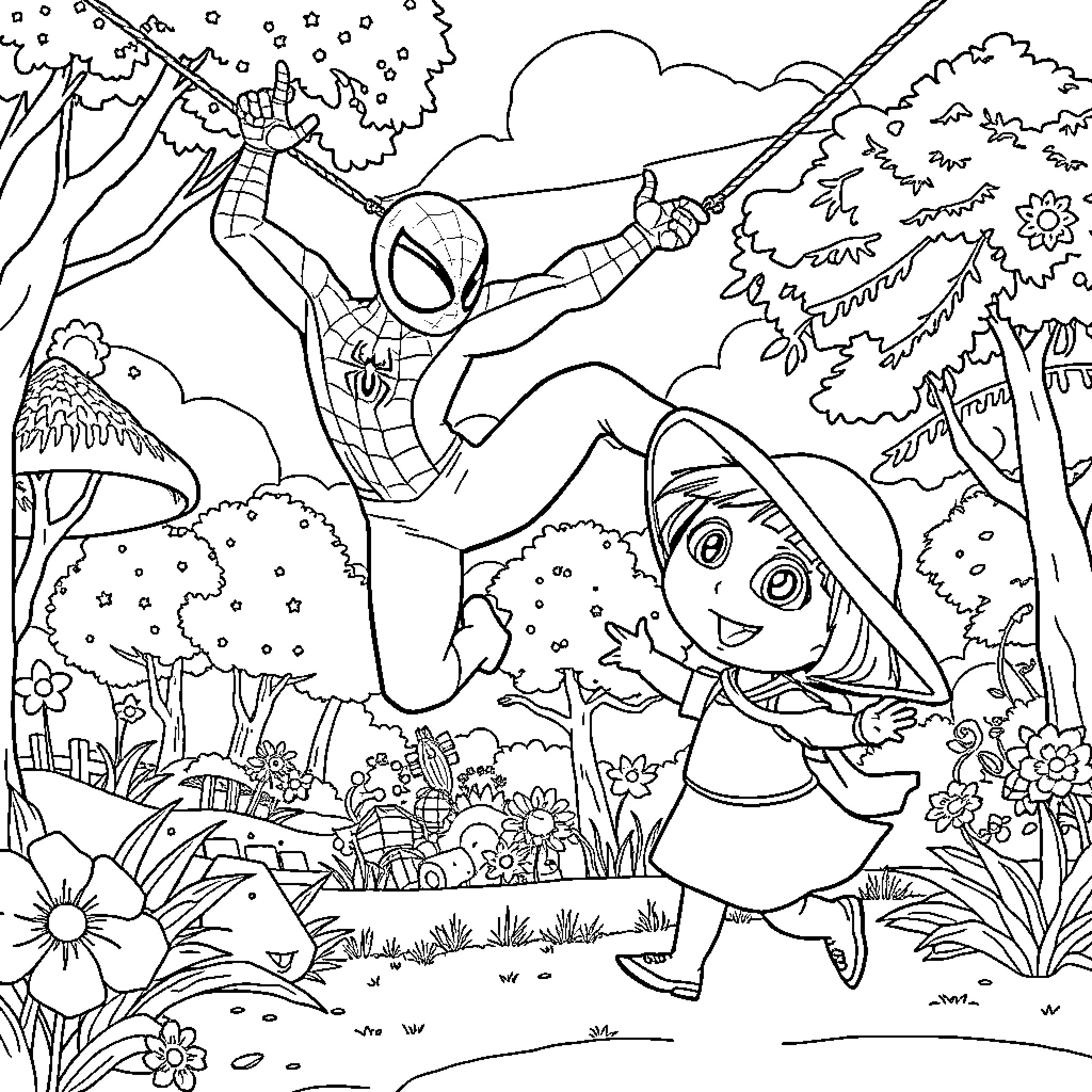 Spiderman swinging through nature with Dora the Explorer Coloring Page (free black-and-white line drawing printable PDF for all, from beginners to advanced learners, including children, teens, adults, and seniors)