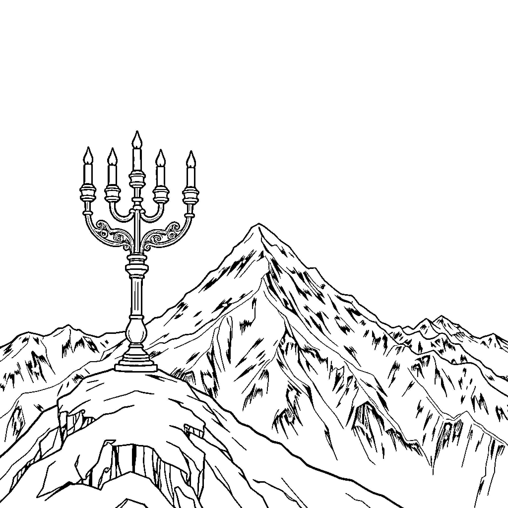 Menorah Illuminating the Majestic Mountain Landscape Coloring Page (free black-and-white line drawing printable PDF for all, from beginners to advanced learners, including children, teens, adults, and seniors)