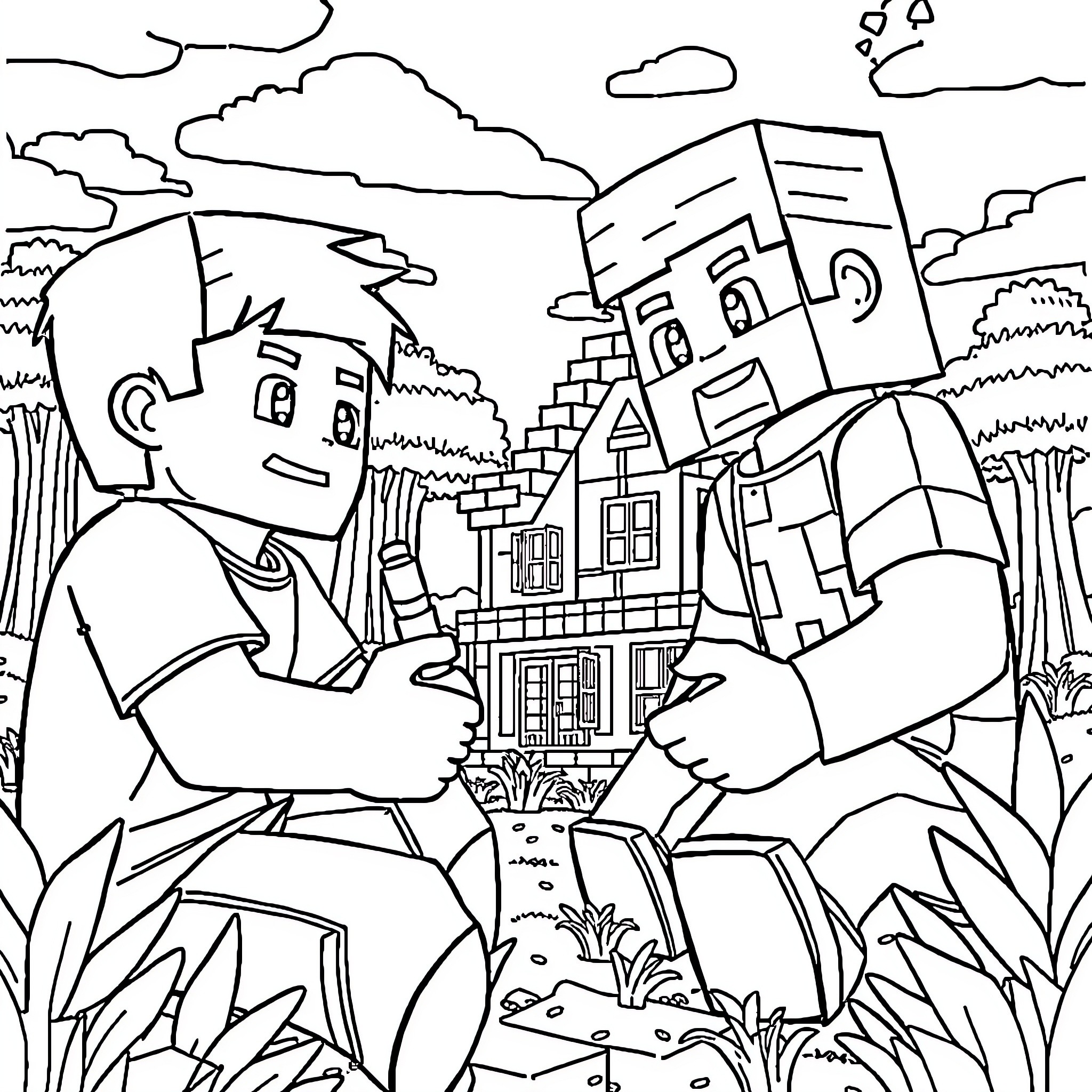 Minecraft characters exploring a village landscape Coloring Page (free black-and-white line drawing printable PDF for all, from beginners to advanced learners, including children, teens, adults, and seniors)