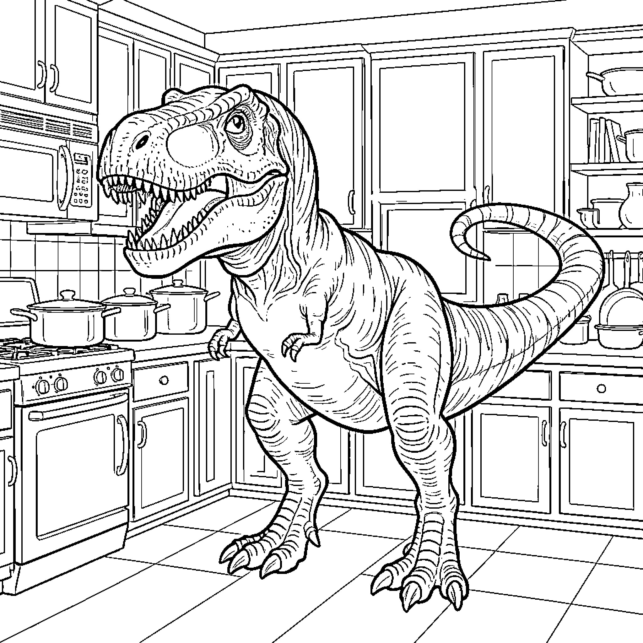 Dinosaur standing in a modern kitchen scene Coloring Page (free black-and-white line drawing printable PDF for all, from beginners to advanced learners, including children, teens, adults, and seniors)