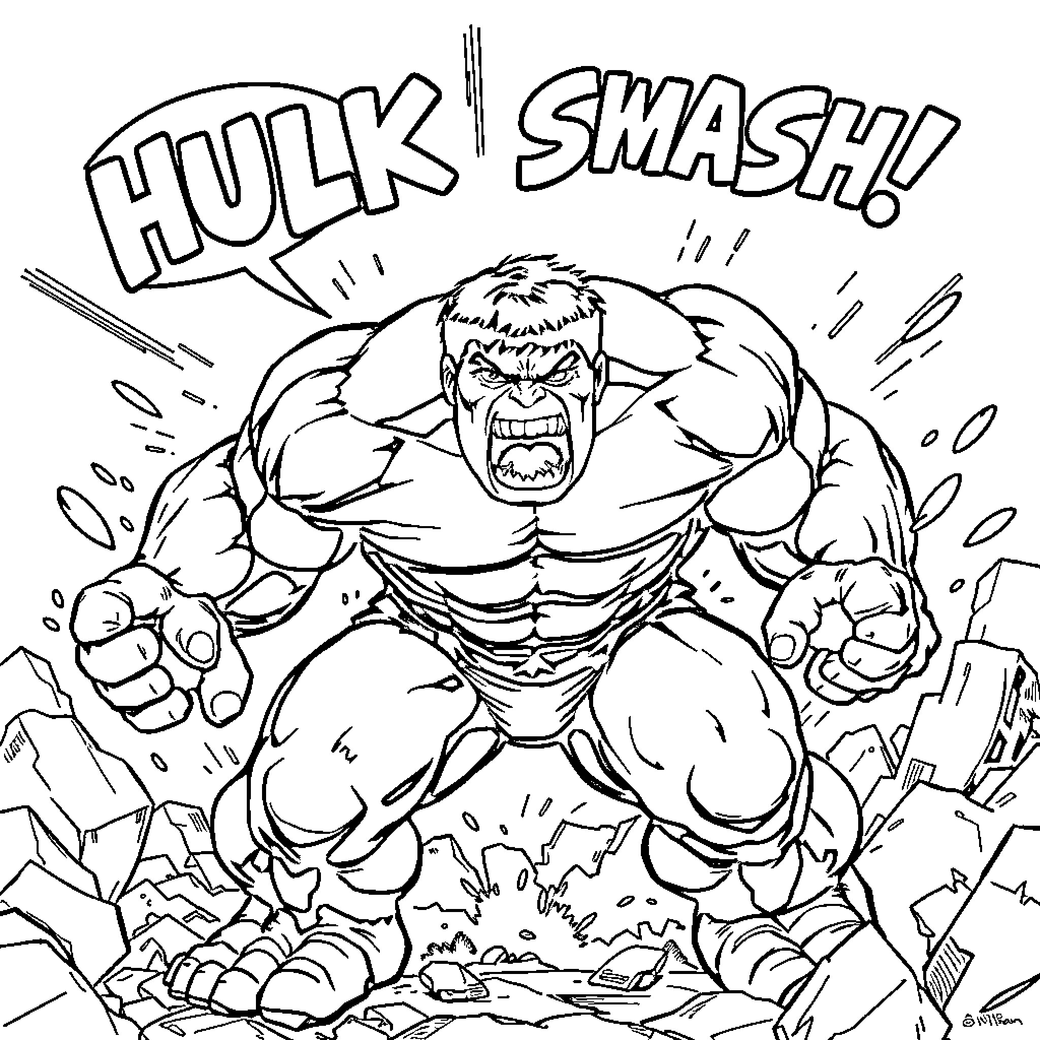 Hulk Smashing Through the City Coloring Page (free black-and-white line drawing printable PDF for all, from beginners to advanced learners, including children, teens, adults, and seniors)