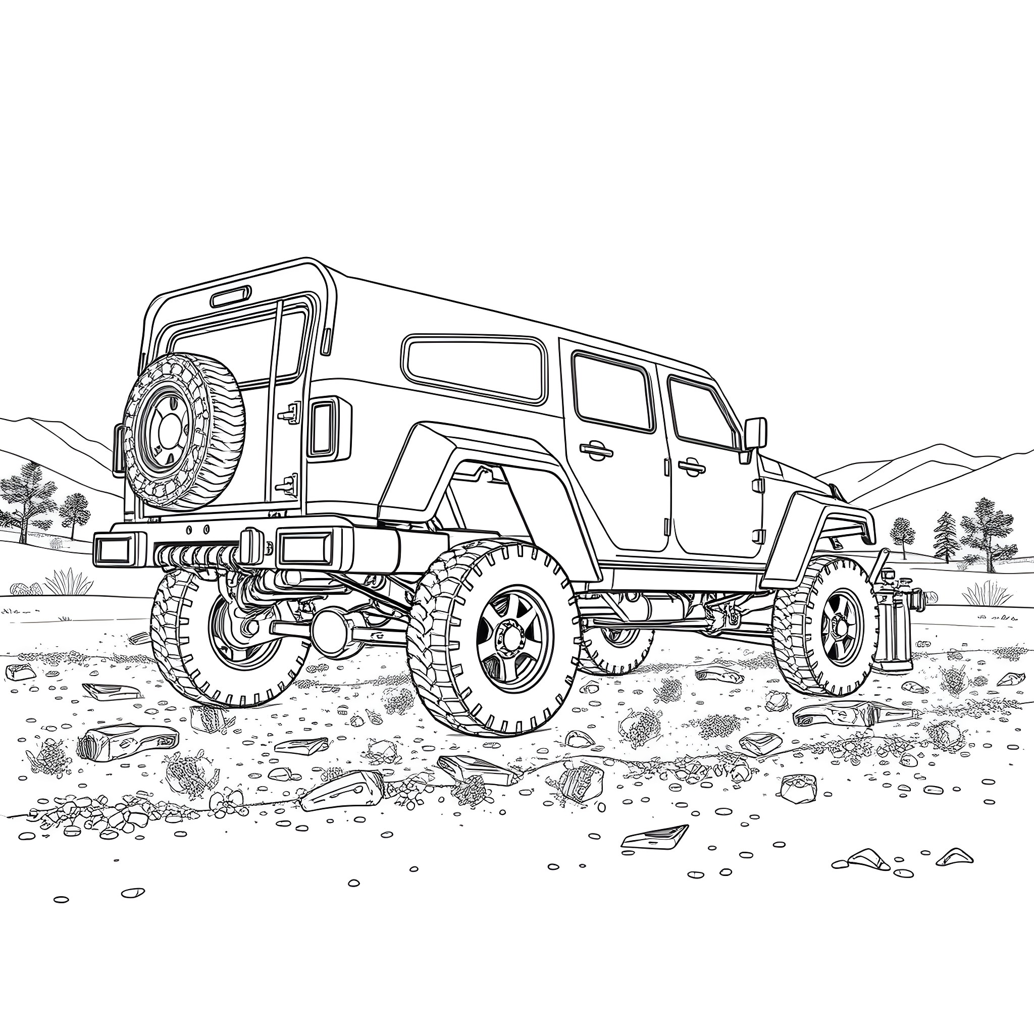 Car Trailer Traversing Rocky Terrain Coloring Page (free black-and-white line drawing printable PDF for all, from beginners to advanced learners, including children, teens, adults, and seniors)