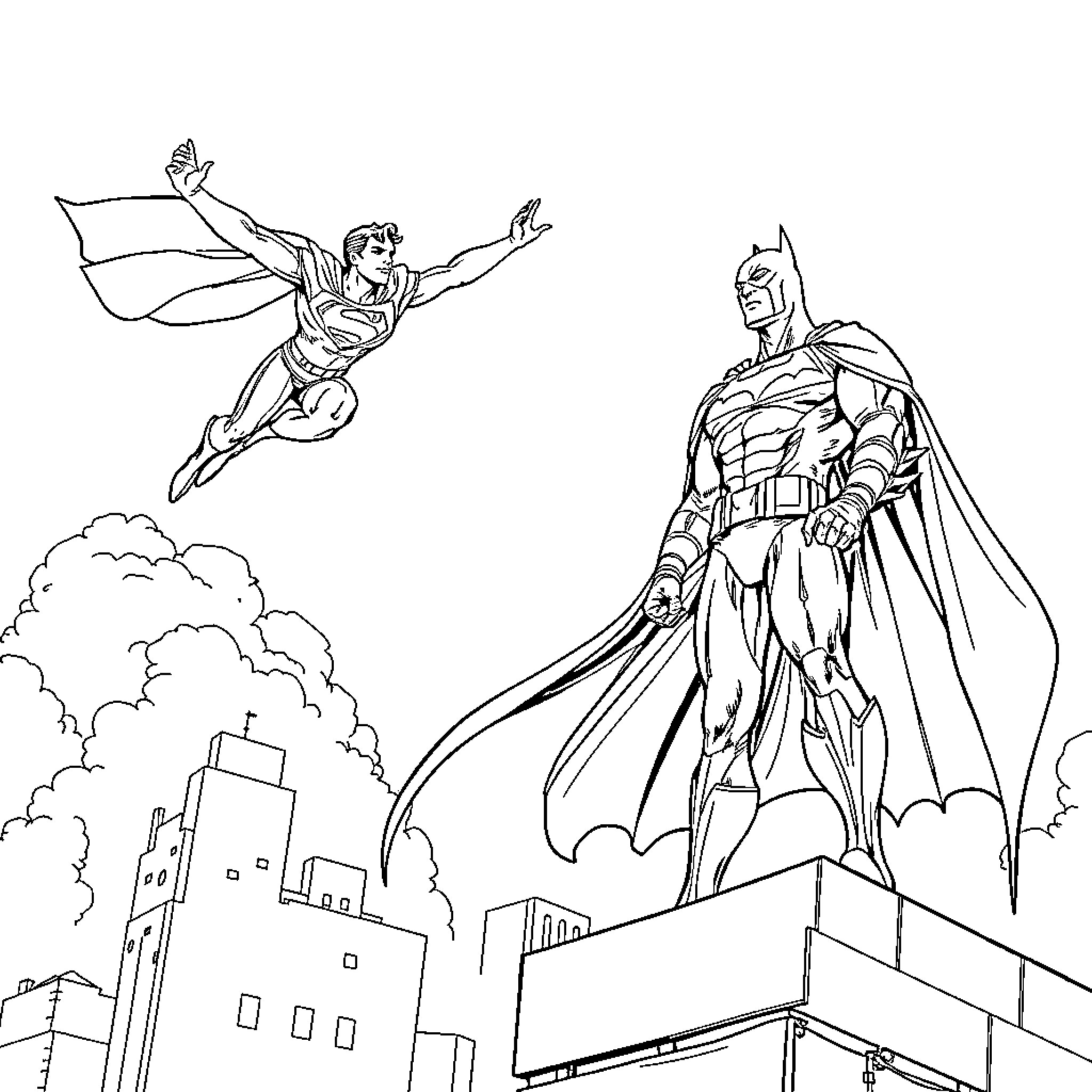 Superman heroically flying over the city with Batman Coloring Page (free black-and-white line drawing printable PDF for all, from beginners to advanced learners, including children, teens, adults, and seniors)