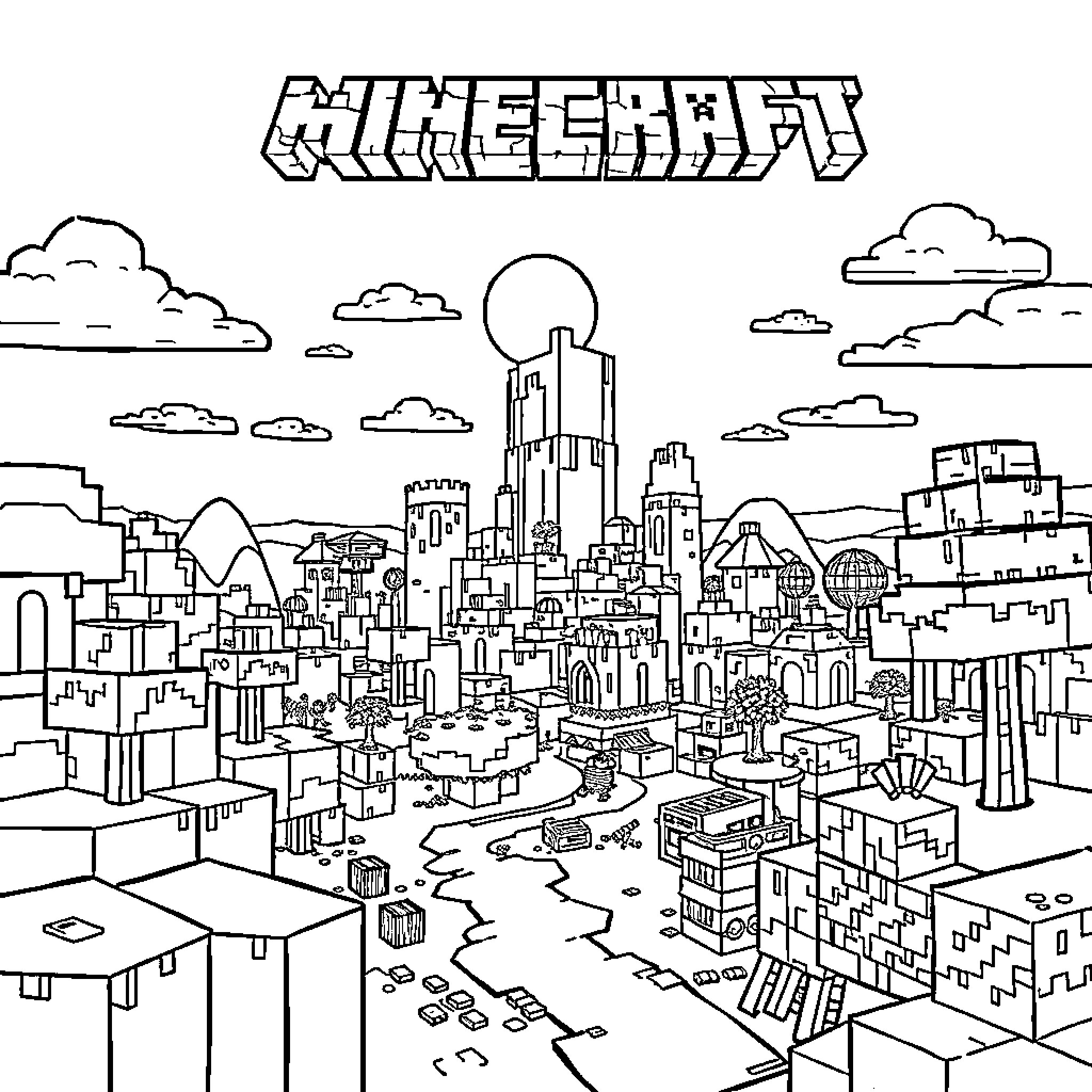 Minecraft cityscape with fantastical architecture Coloring Page (free black-and-white line drawing printable PDF for all, from beginners to advanced learners, including children, teens, adults, and seniors)