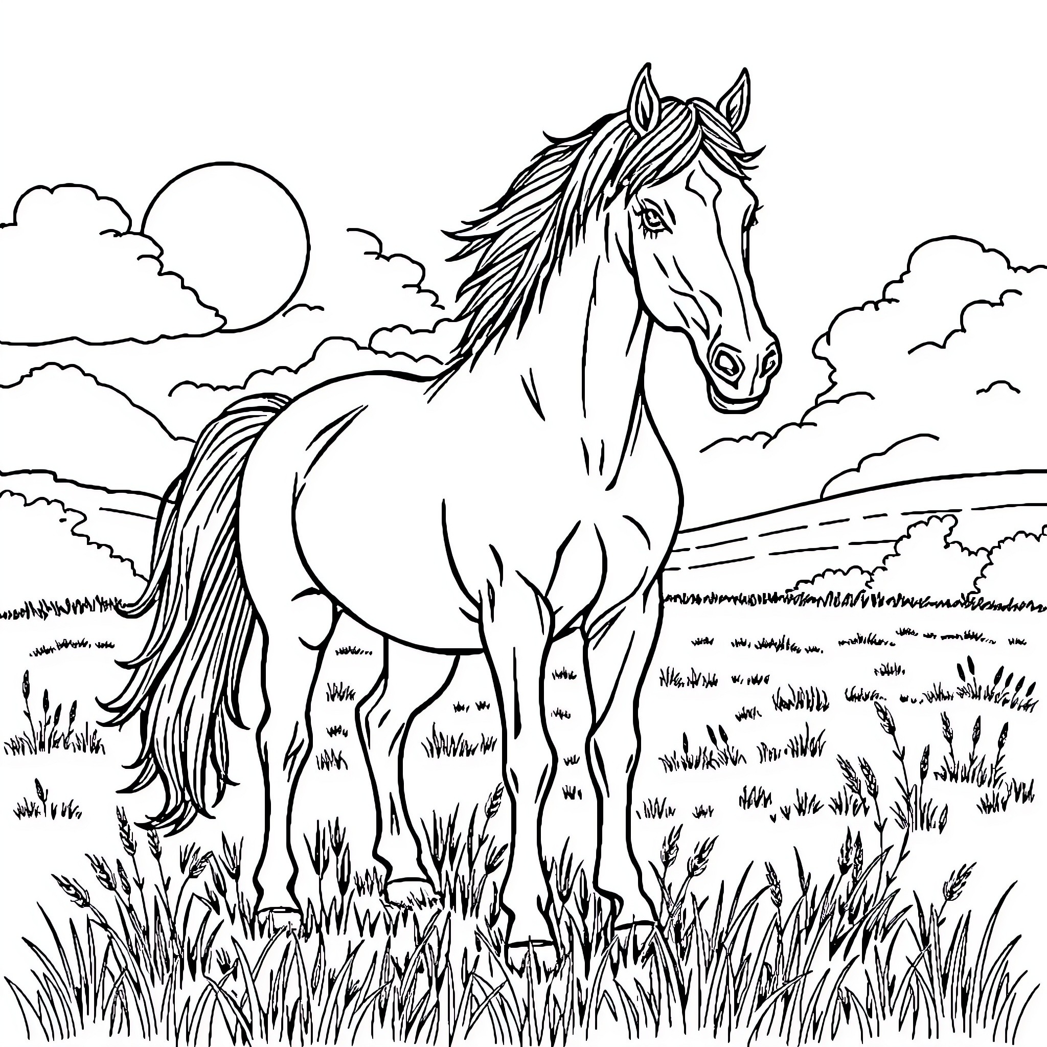 Horse standing majestically in the meadow Coloring Page (free black-and-white line drawing printable PDF for all, from beginners to advanced learners, including children, teens, adults, and seniors)