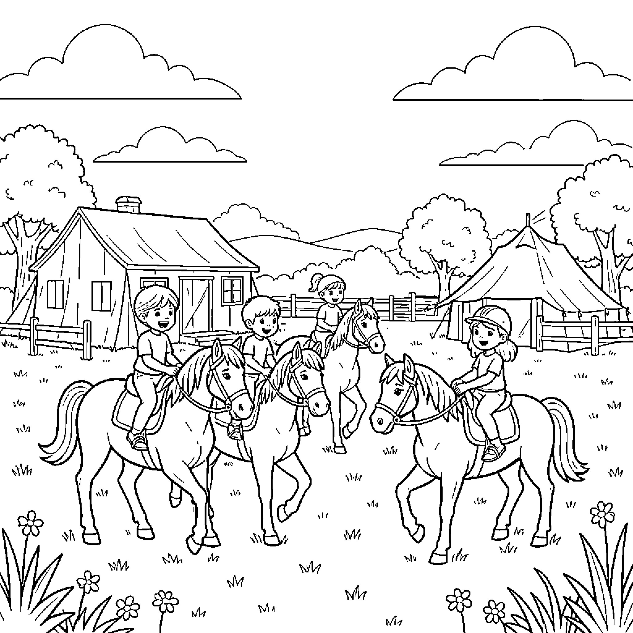 Horse riders explore countryside landscape Coloring Page (free black-and-white line drawing printable PDF for all, from beginners to advanced learners, including children, teens, adults, and seniors)