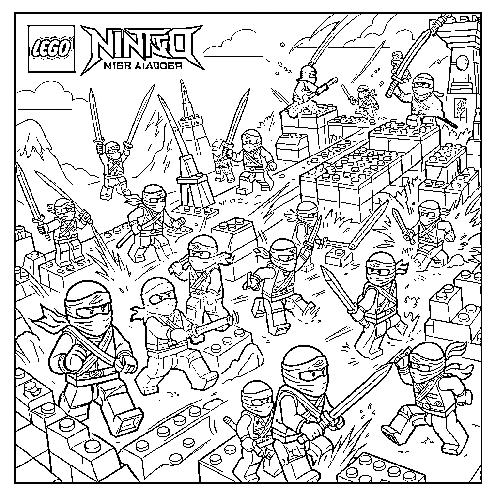 Lego Ninjago characters battling with swords and weapons Coloring Page (free black-and-white line drawing printable PDF for all, from beginners to advanced learners, including children, teens, adults, and seniors)